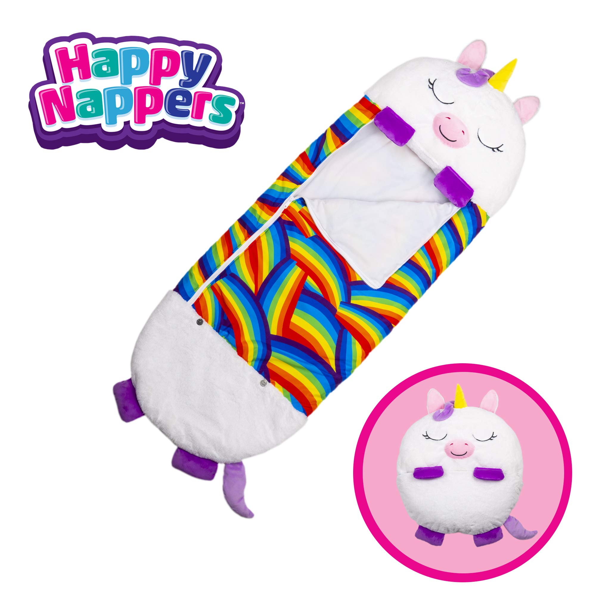 Happy Nappers Pillow & Sleepy Sack- Comfy, Cozy, Compact, Super Soft, Warm, All Season, Sleeping Bag with Pillow- Large 66” x 30”, White Unicorn