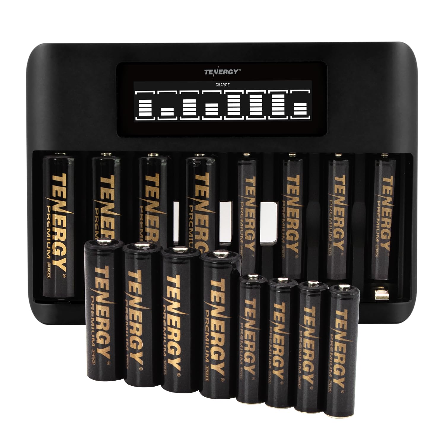 Tenergy TN480U 8-Bay LCD Display Fast Charger with 8 Pack AA and 8 Pack AAA Premium Pro Rechargeable Batteries