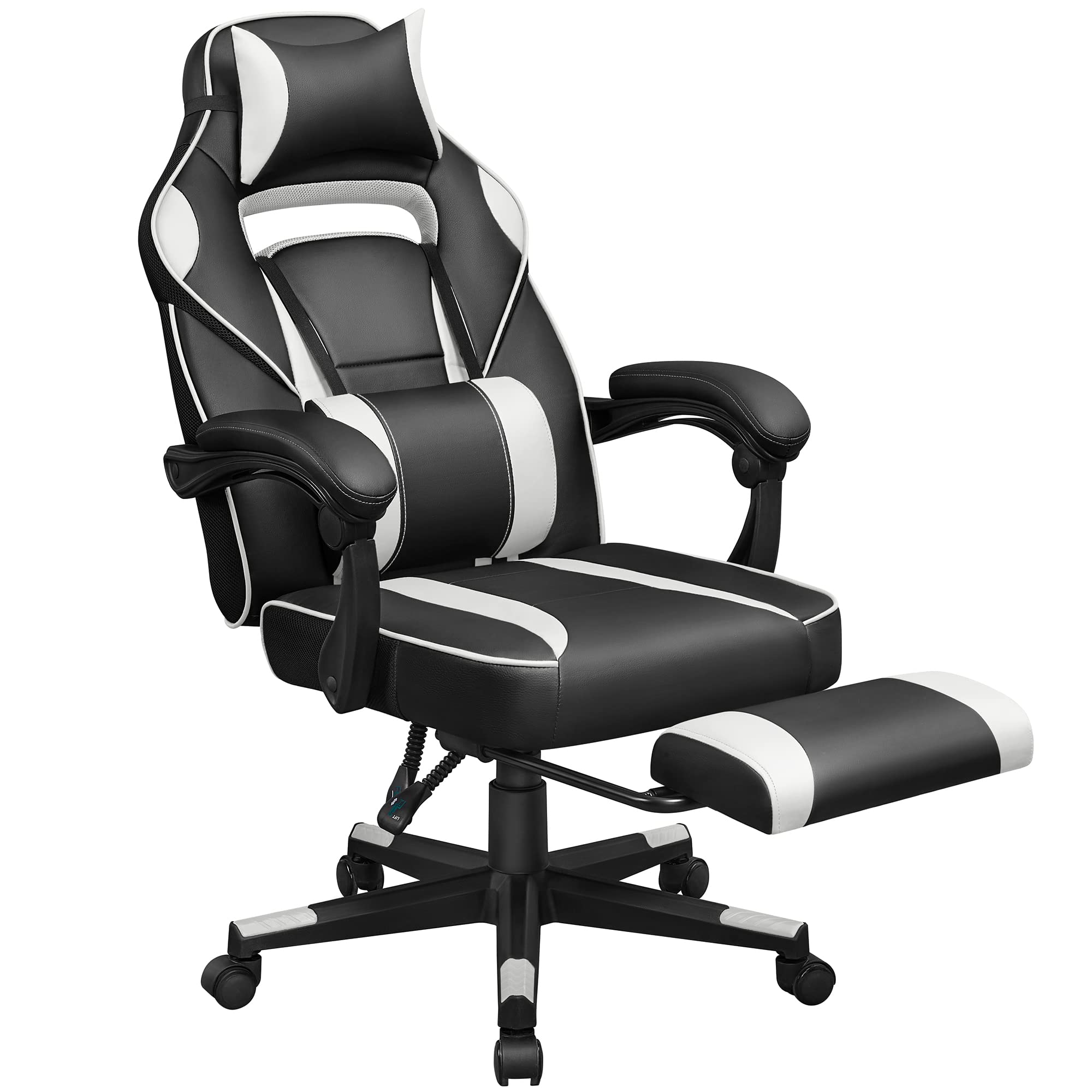 SONGMICS OBG73BW Gaming Chair, Adjustable Office Chair, with Telescopic Footrest, Ergonomic, Tilt Mechanism, Headrest, Lumbar Support, 150 kg Load, Black and White