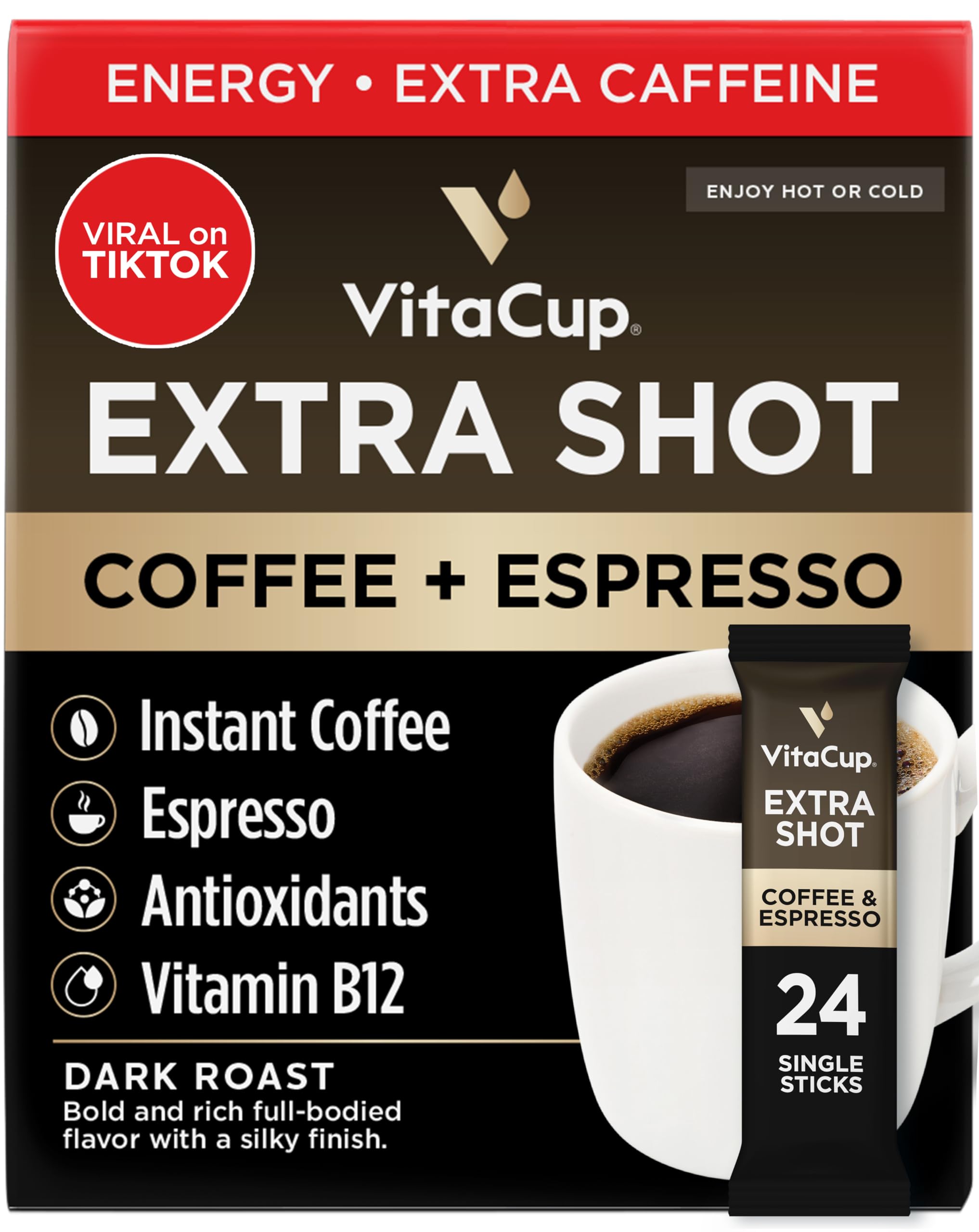 VitaCup Extra Shot Instant Coffee Packets with Espresso Shot, “Red Eye” High Caffeine, Bold Dark Roast w/Vitamin B12, Antioxidants, Premium Instant Coffee in Single Serve Sticks, 24 Ct