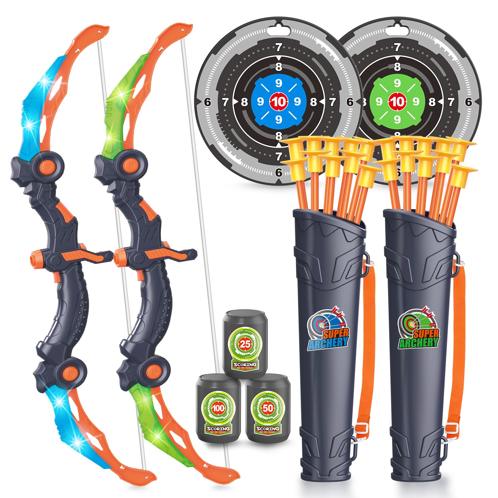 SpringFlower Bow and Arrow Toys for Kids 5 6 7 8 9 10+ Years Old,2 Bow and Arrow Sets with LED Light-up,Archery Set with 2 Round Targets and 3 Target cans for Boys & Girl, Ideal Gift for Kids