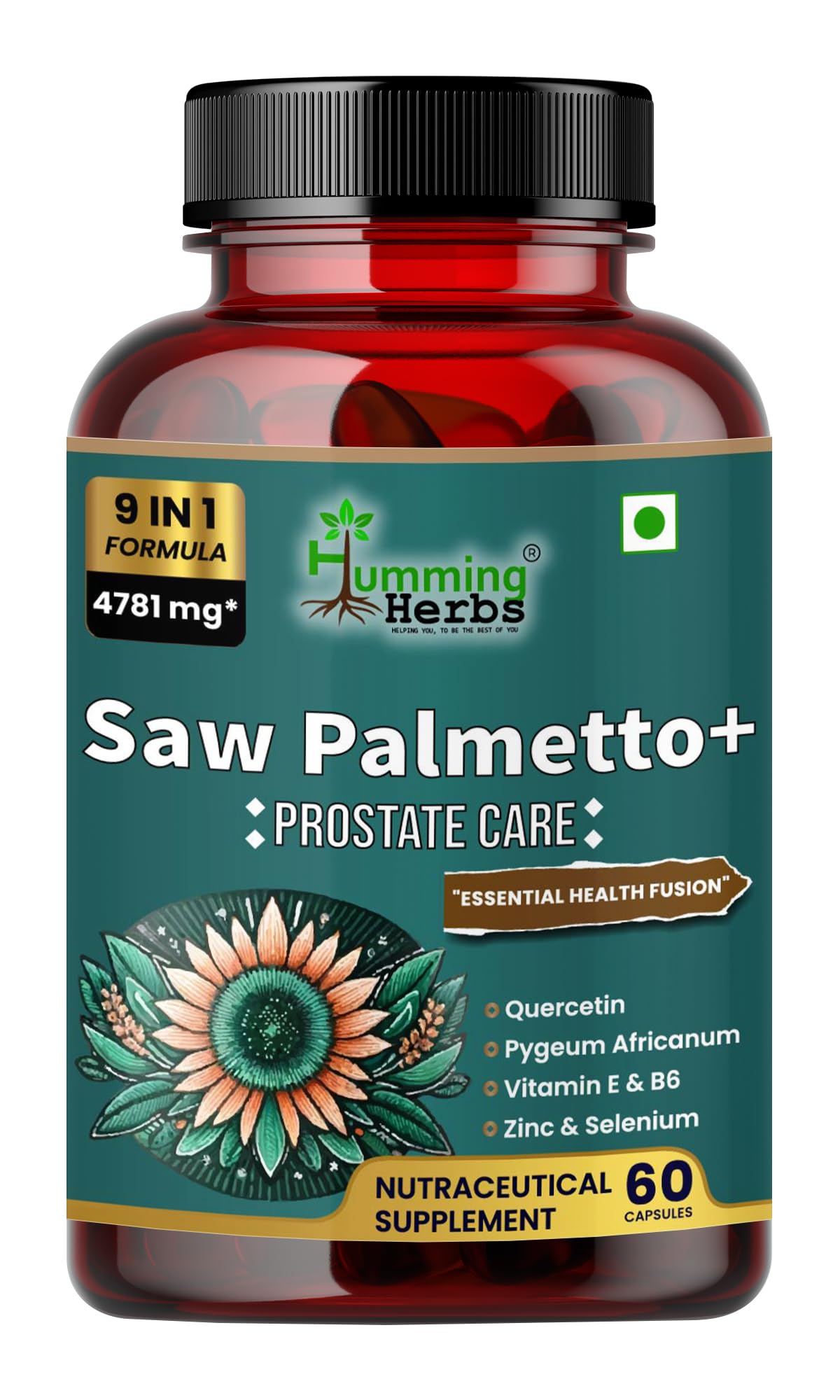 Humming Herbs Saw Palmetto Plus Prostate Support - Enhanced Formula with Quercetin, Turmeric, Pygeum, Vitamins E & B6, Zinc, Selenium for Men's Health