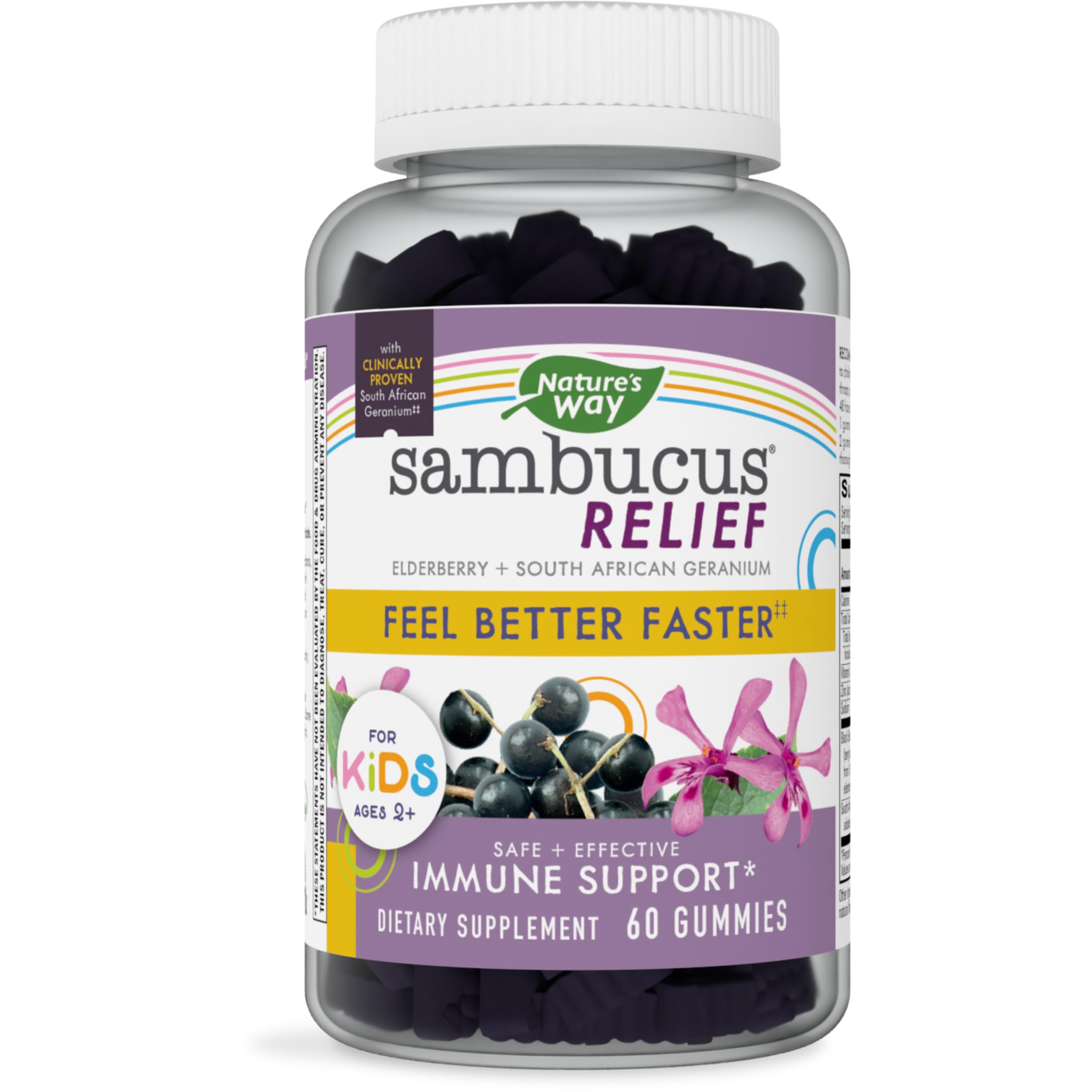 Nature's Way Sambucus Relief Elderberry Gummies for Kids with Vitamin C, Zinc, and South African Geranium, Immune Support*, 60 Gummies