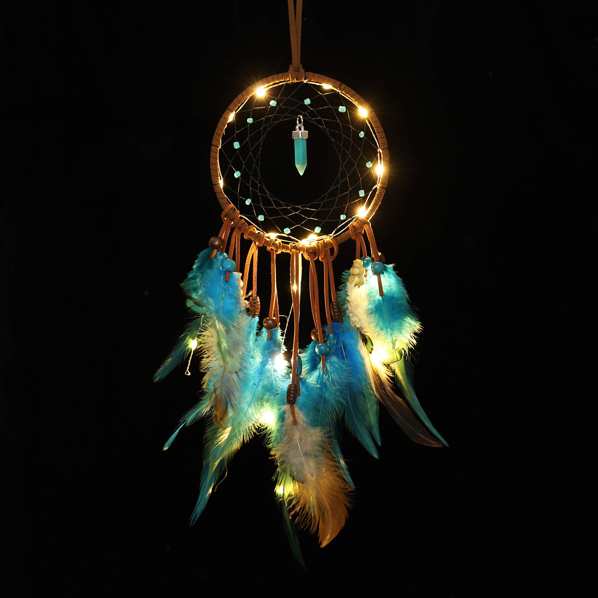 UBrand Catcher, Native American HandmadeTassels Boho Feather UBrand Catchers with LED Light, Dreamcathers Gift for Bedroom Home Hanging Decor (Blue and Brown)