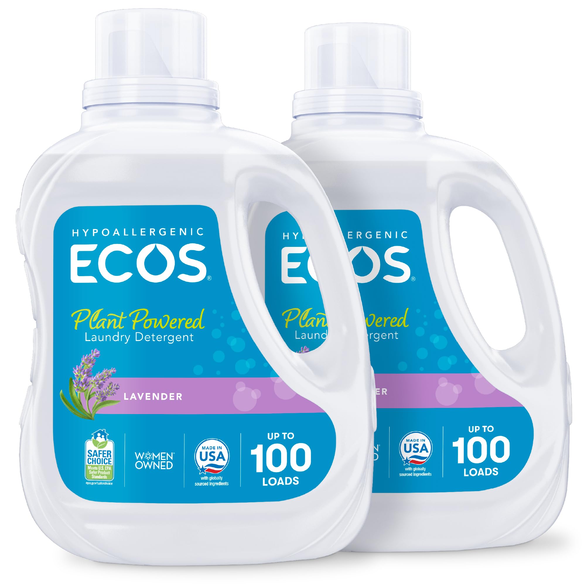 ECOSLaundry Detergent Liquid, 200 Loads - Dermatologist Tested Laundry Soap - Hypoallergenic, EPA Safer Choice Certified, Plant-Powered - Lavender, 100 Fl Oz (Pack of 2)