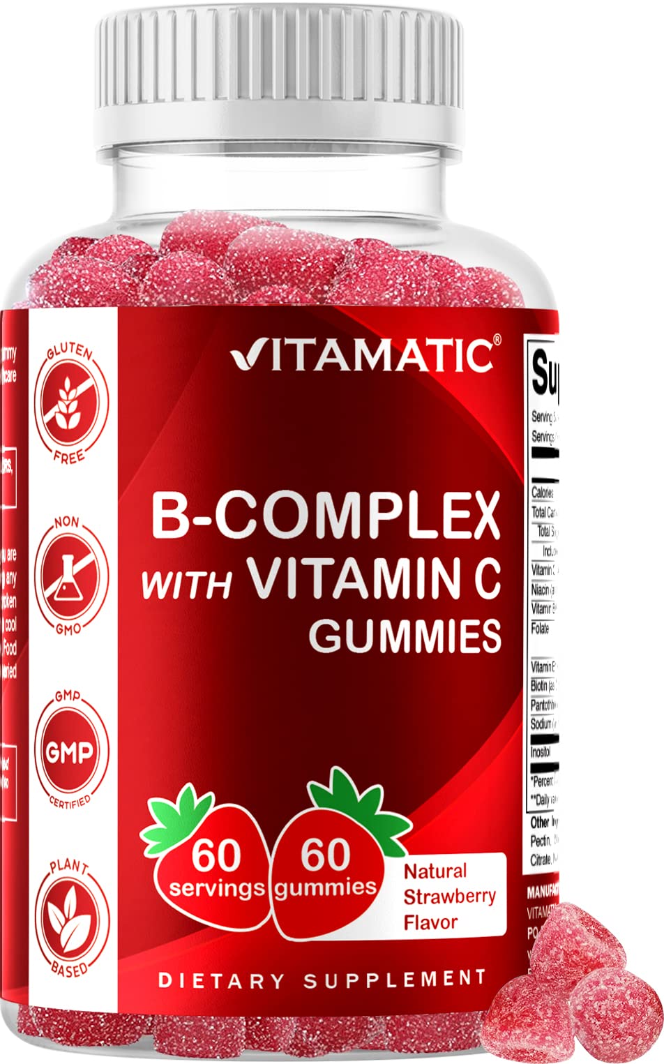 Vitamatic Vitamin B Complex Gummies with Vitamin C & Inositol - Natural Strawberry Flavor - 60 Gummies (1 Bottle)