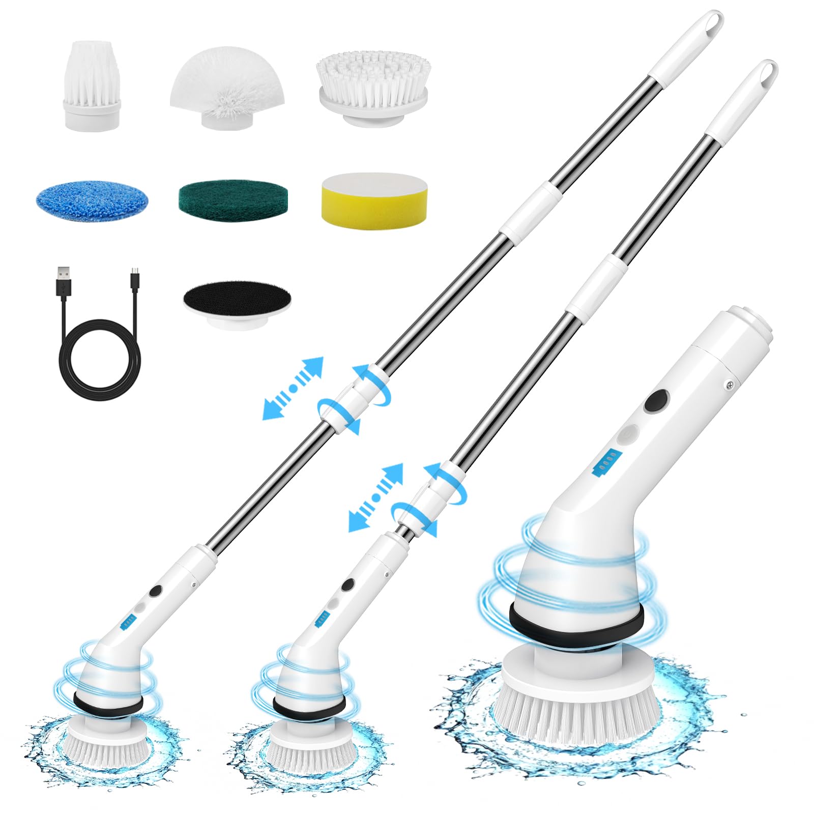 Electric Spin Scrubber, Wesstun IPX6 Waterproof Electric Cleaning Brush, Cordless Electric Scrubber with 2 Speeds Modes & Extendable Handle, 7 in 1 Brush Heads for Bathroom, Kitchen & Floors (White)