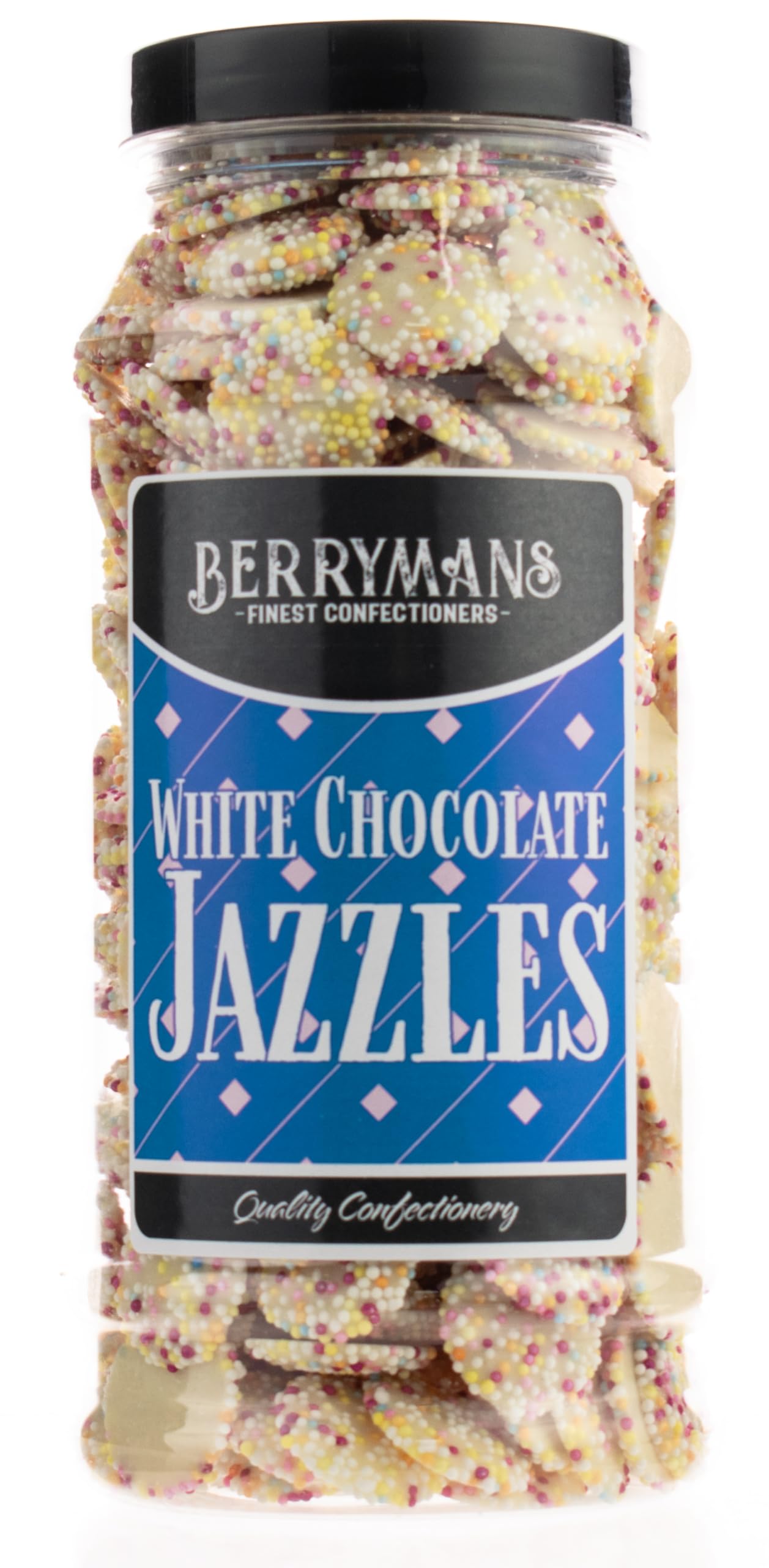 Original Jazzies White Chocolate Jazzies Snowies Jazzles Retro Sweets Gift Jar By Berrymans Sweet Shop - Classic Sweets, Traditional Taste.