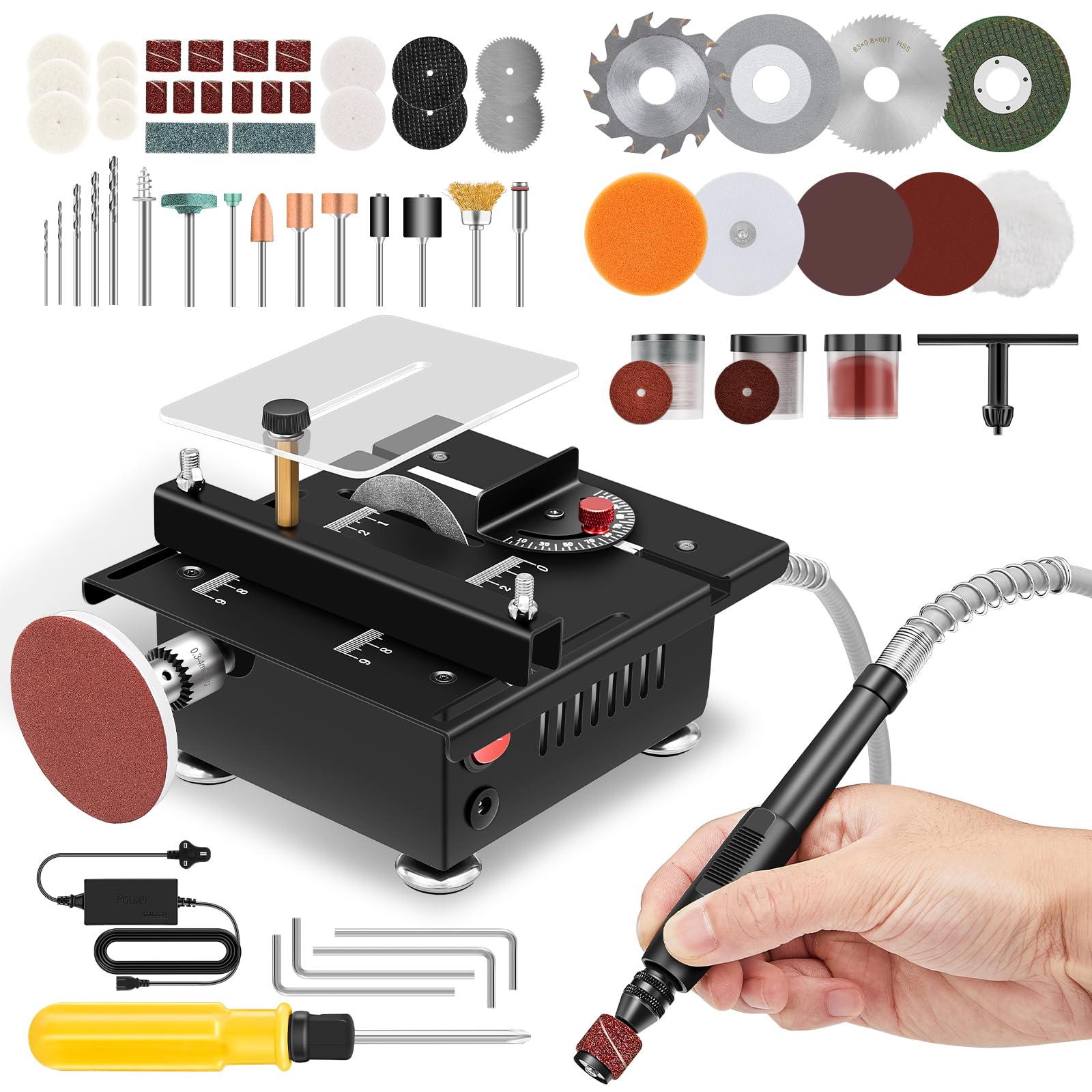 Saker Mini Table Saw,Multi-Functional Table Saw for Woodworking,Desktop Woodworking Bench Saw,Blade Flexible Shaft and More Accessories Mini Desktop Electric Saw for Crafts Cutting DIY Handmade Wooden