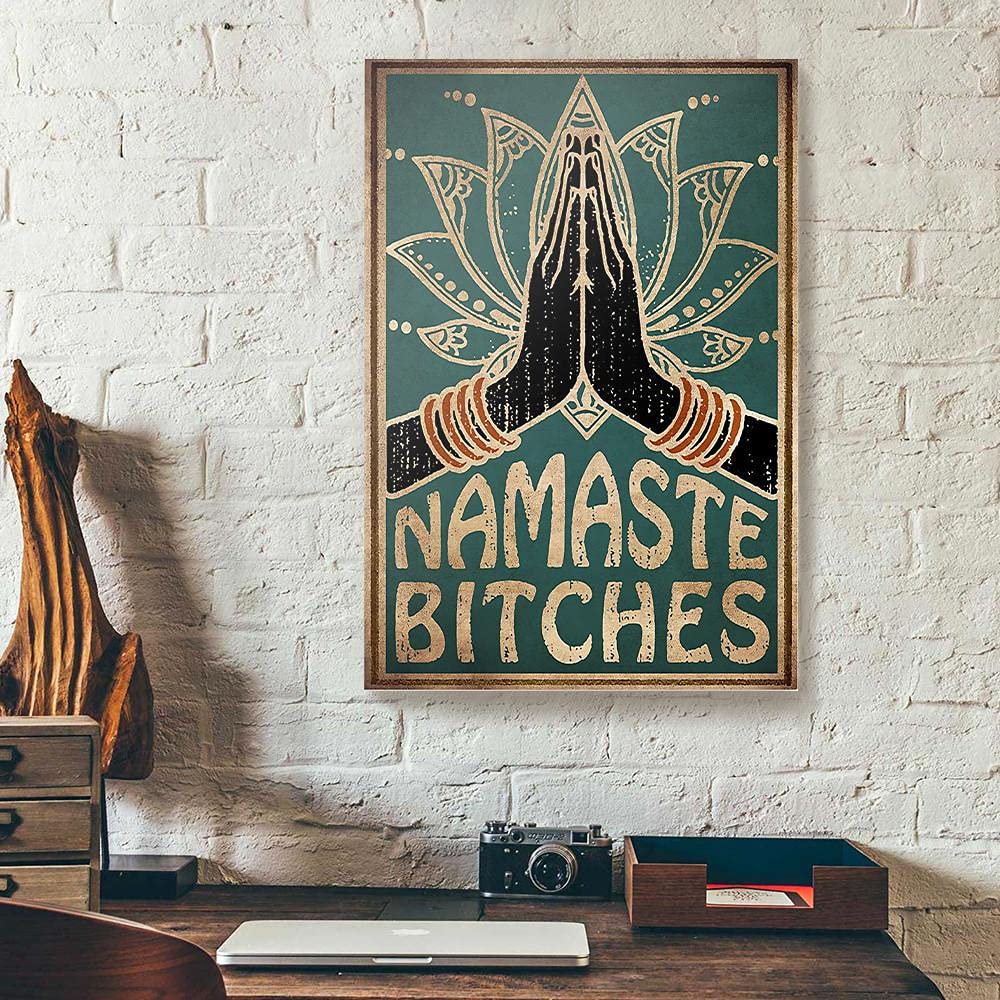 Funny Tin Sign Namaste Bitches Hand Yoga Metal Poster Plaques for Home Living Room Kitchen Cafe Bar Vintage Wall Decor Metal Sign 12 x 8 IN