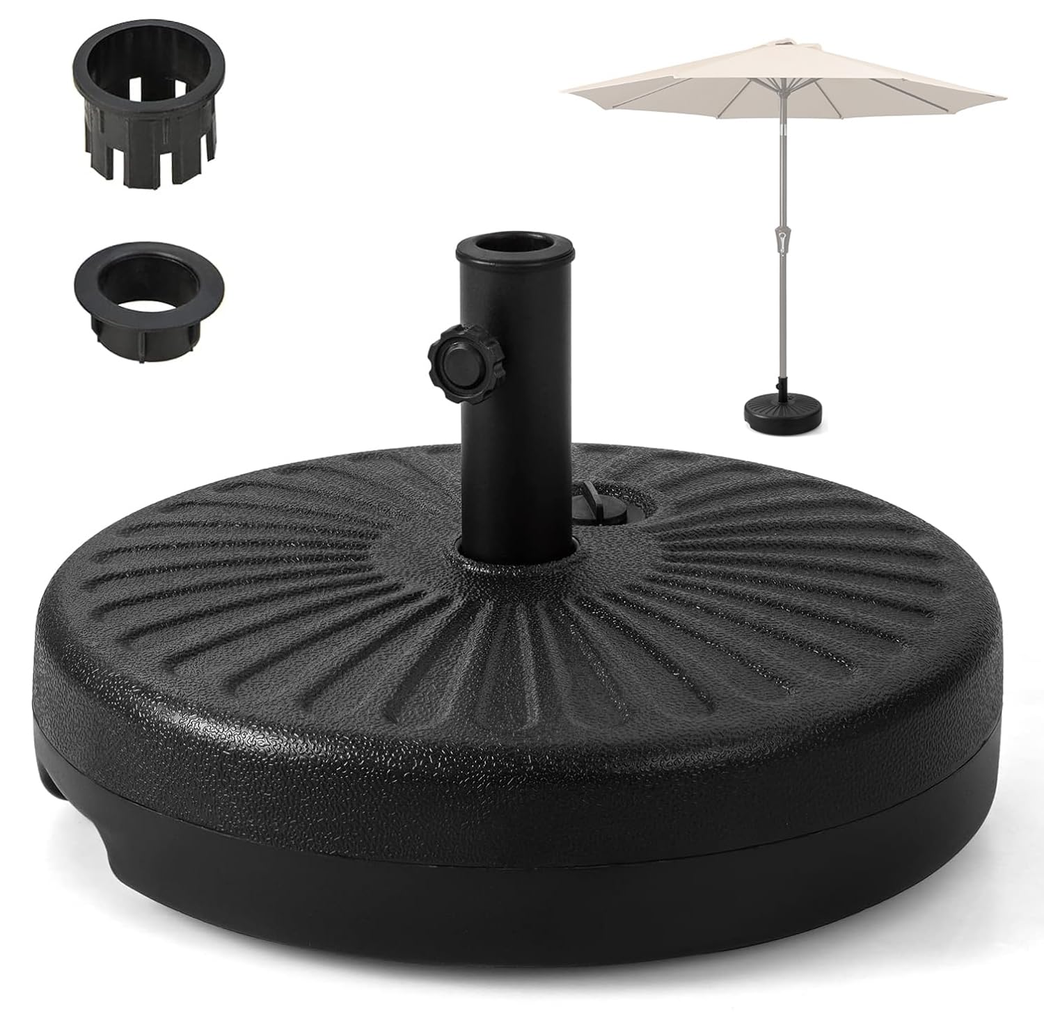 LIODUX Fillable Umbrella Base Stand, 35kg Water & Sand Filled Heavy Duty 51cm Round Patio Outdoor Umbrella Weight Base, for Umbrella Pole 1.5-1.9 inches, for 9-10 ft Market Offset Umbrella