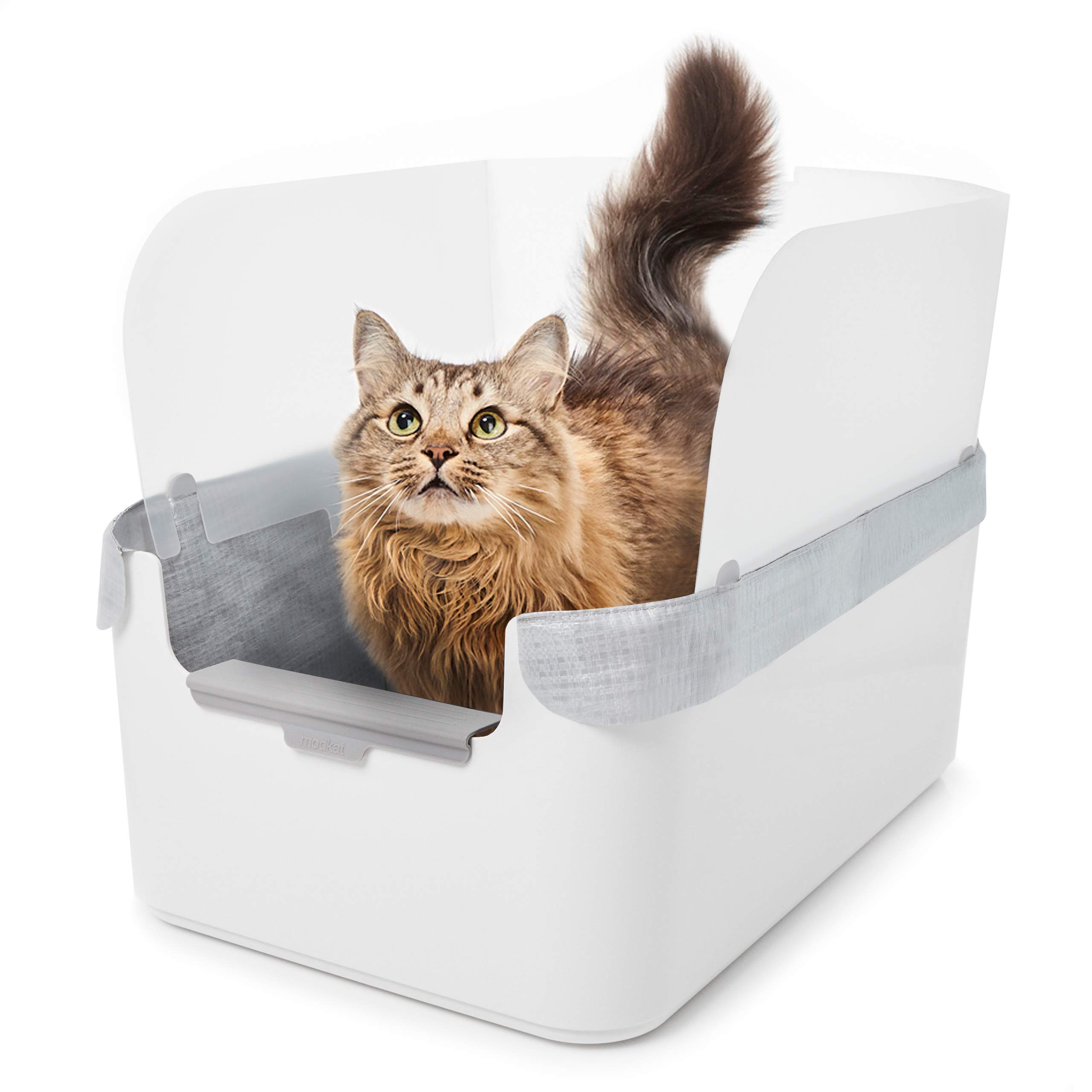 ModkatLitter Tray - Cat Litter Box with Walk-Off Platform, Splash Guard, Clips & Reusable Liner Type G - Ideal for High Pee-ers & Litter Kickers, Easy to Clean, Durable Scoop Included