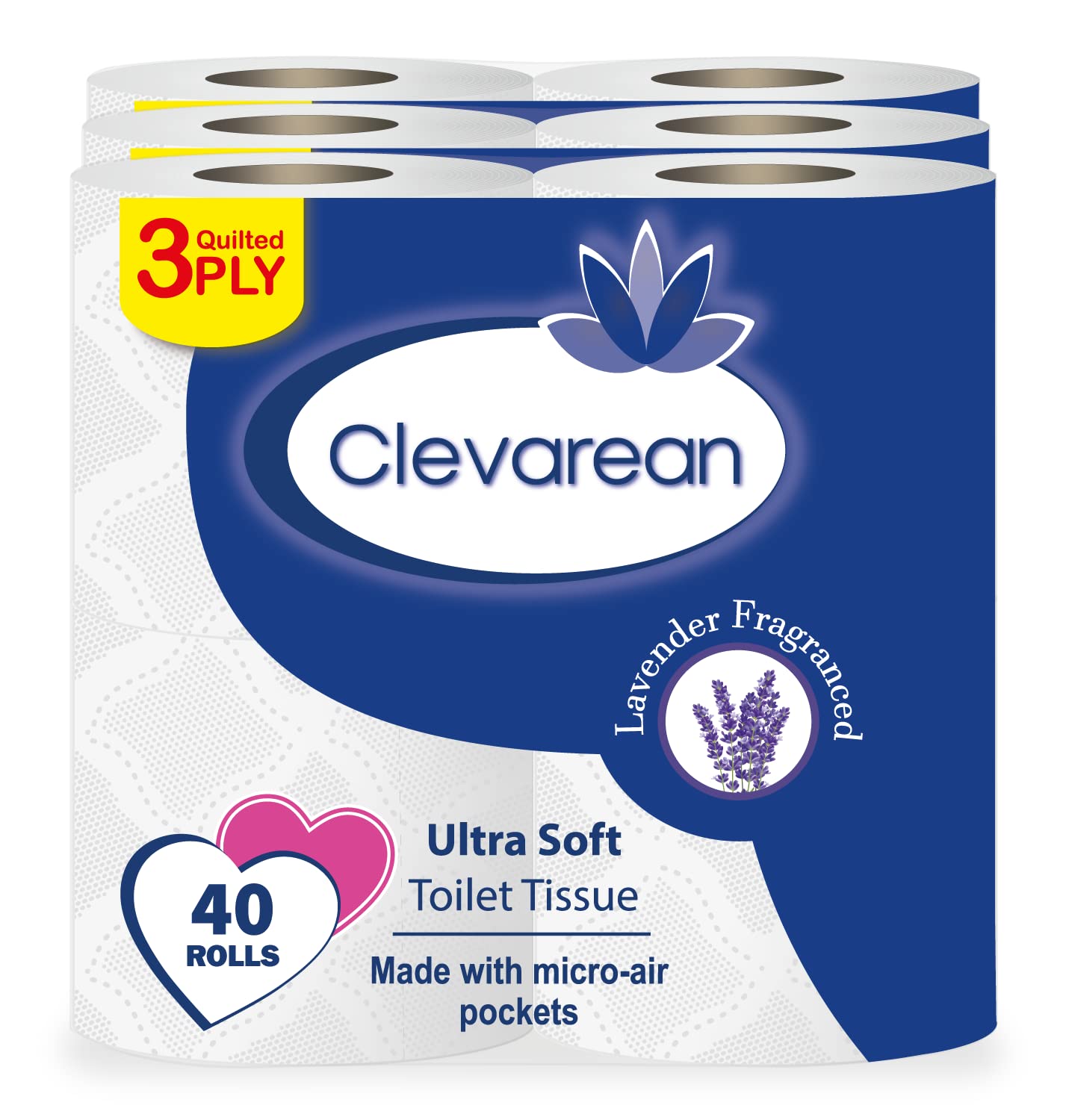 Clevarean Soft Toilet Roll Bulk Buy - Pack of 40 Rolls Quilted White 3 Ply Lavender Fragrance Toilet Rolls