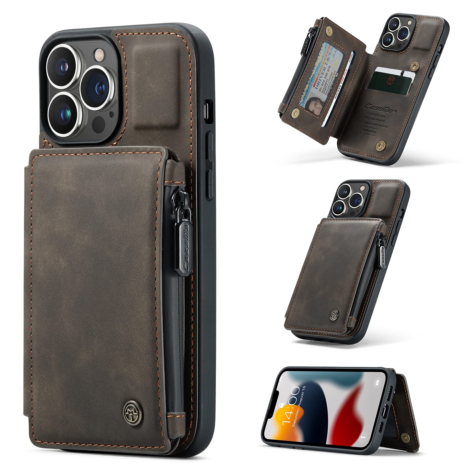 Compatible with iPhone 13 pro max case,Leather Wallet Case Cover with Kickstand Card Slots,Shockproof dropproof Cover for iPhone 13 pro max (Coffee, iPhone 13 pro max)