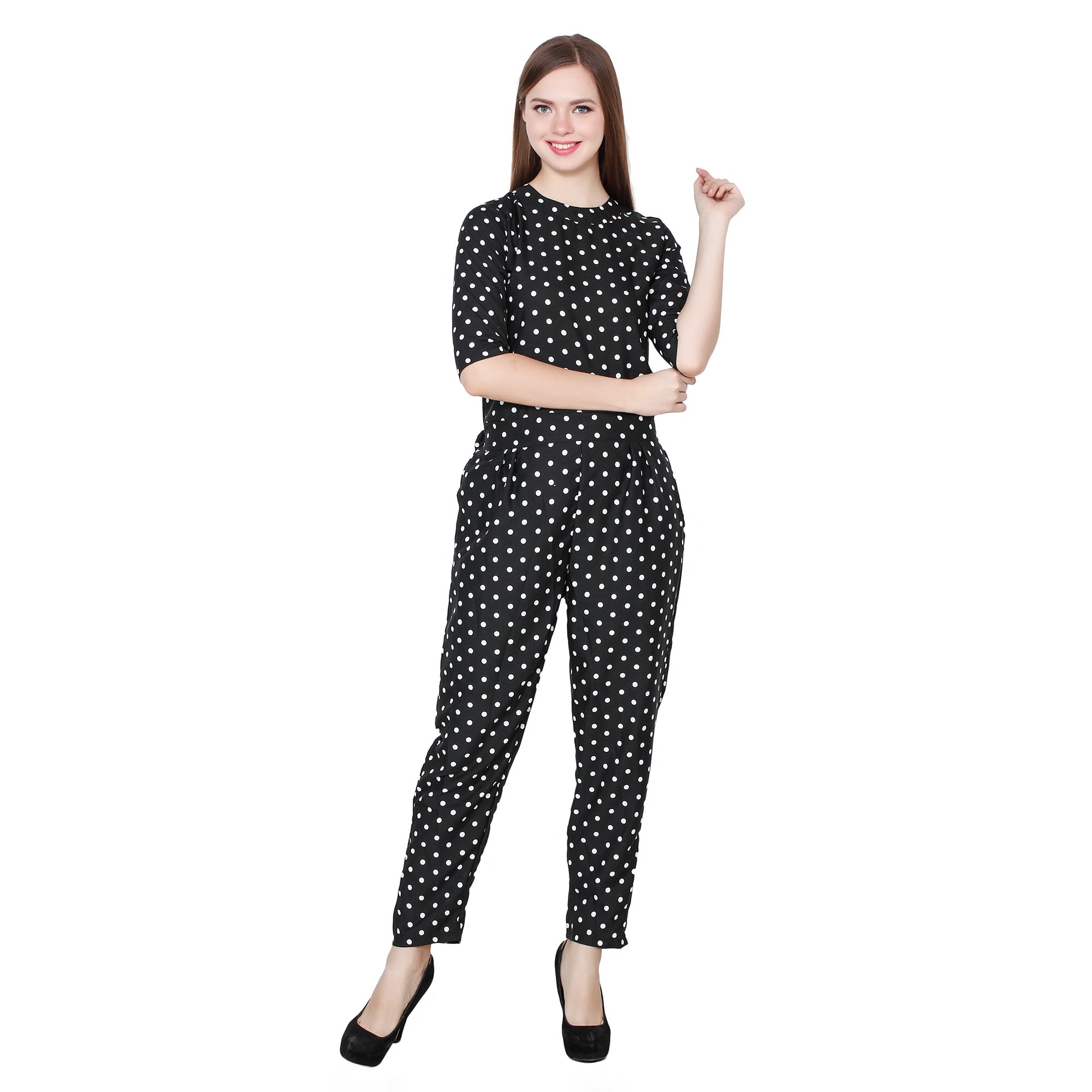 Shyammc Comfortable for Wearing Polka dot Printed Black Color Crepe Jumpsuit Dress for Women's