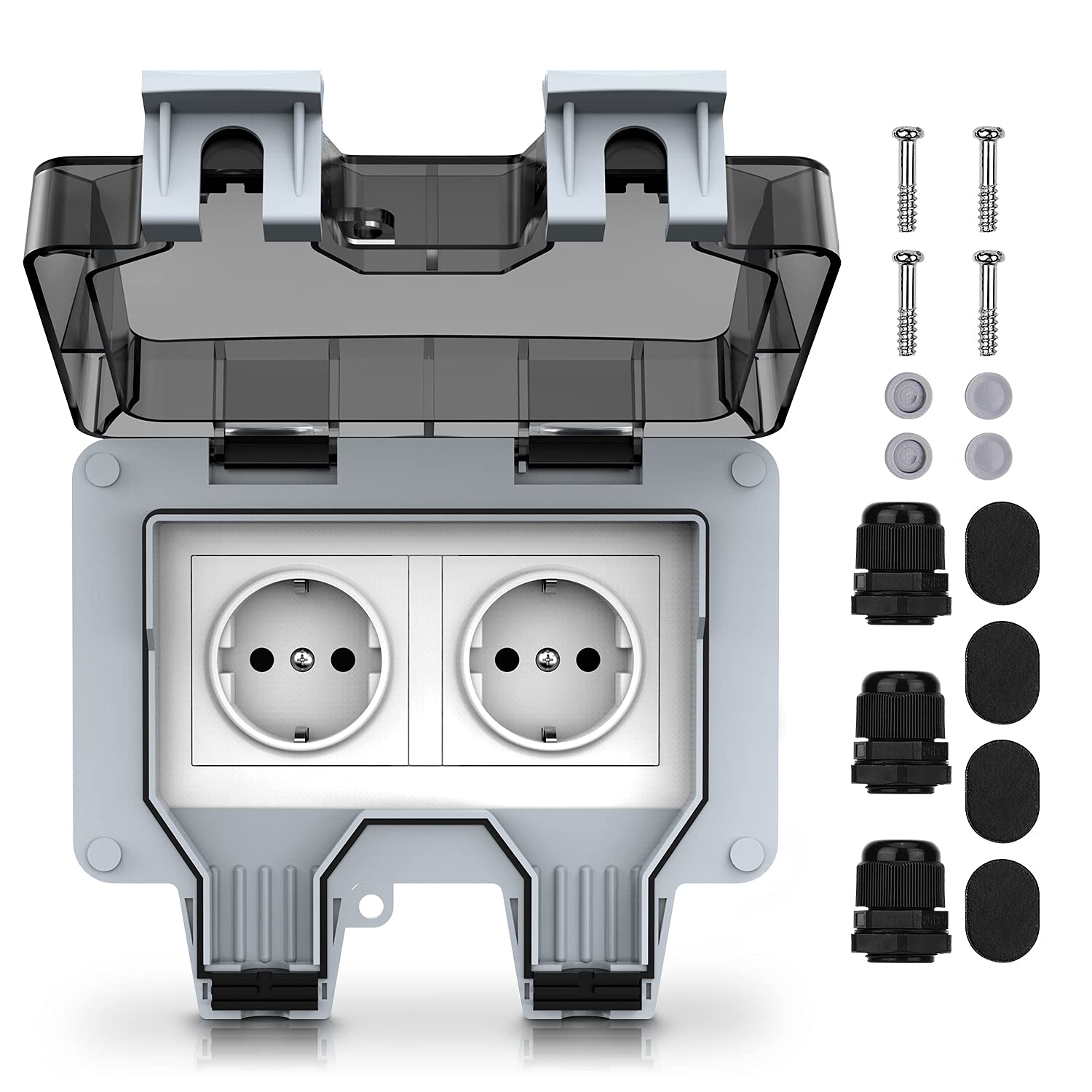 Kuptone Outdoor Sockets Waterproof Double Socket, Electric, Wall Socket with Double switch, Protection Class IP66, for Garden and Garage