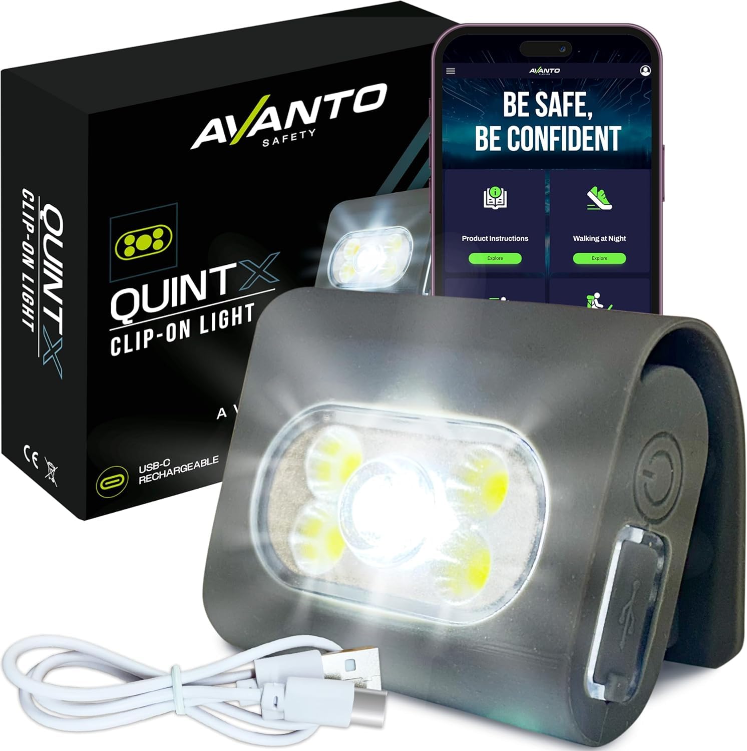 AVANTO PRO Clip On Running Light, Original, 300Lumen LED Light, 2-3h Usetime, USB Rechargeable Night Running Lights for Runners, Joggers, Dog Walking Night Running Gear, Addon to Reflective Vests