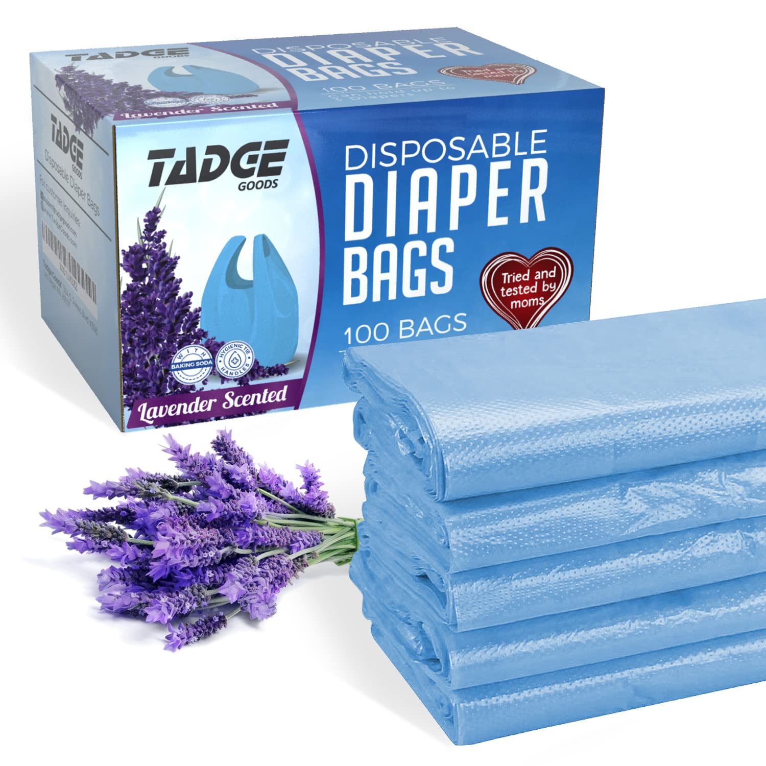 Baby Disposable Diaper Bags Scented with Lavender - Odor Absorber Biodegradable Plastic Diaper Sacks for Trash Bag Essential Items - Bags for Dirty Diapers - Refill 100 Count (Blue)