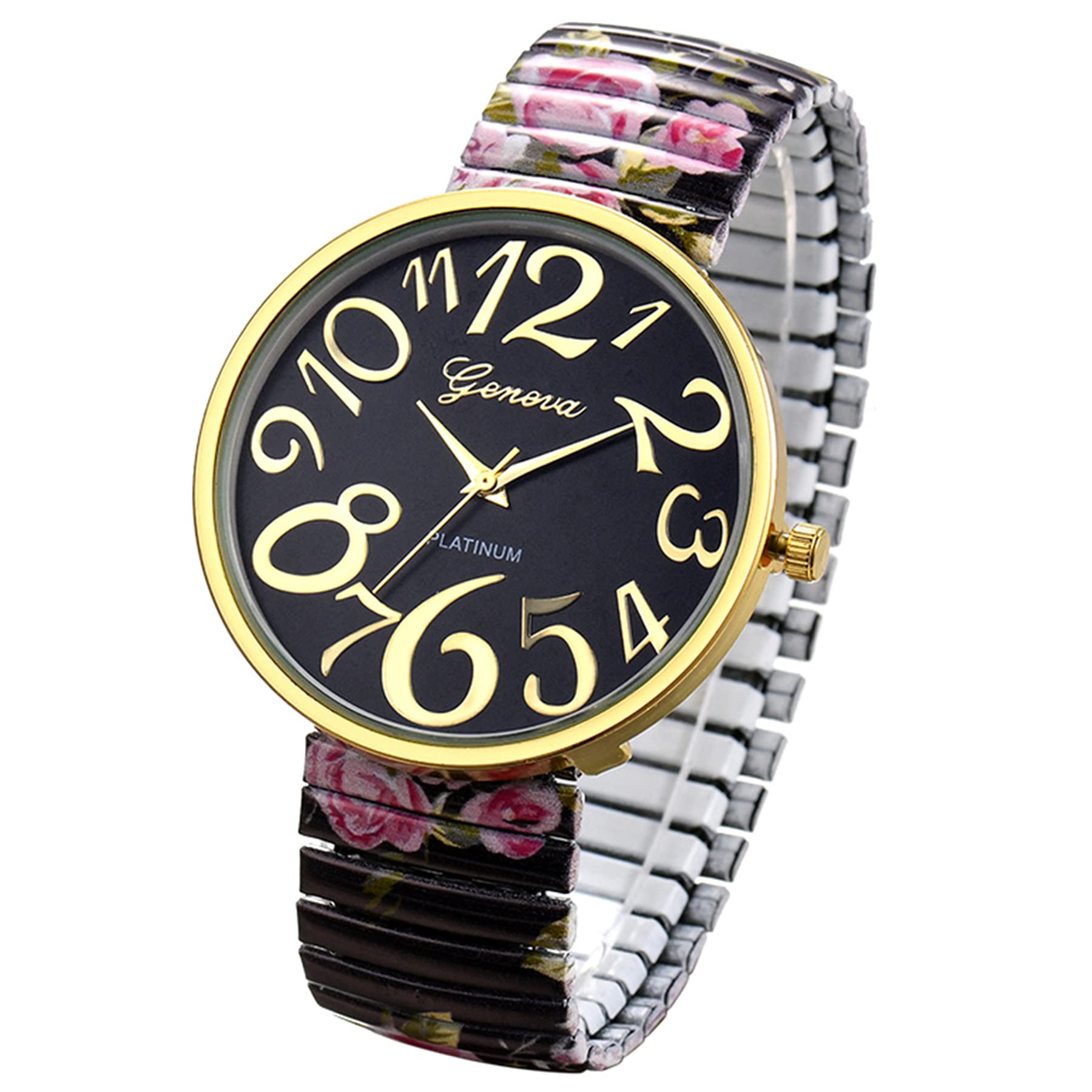 JewelryWeWomen's Big Dial Easy Reader Watch Floral Elastic Stretch Band Wristwatch, for Xmas Christmas