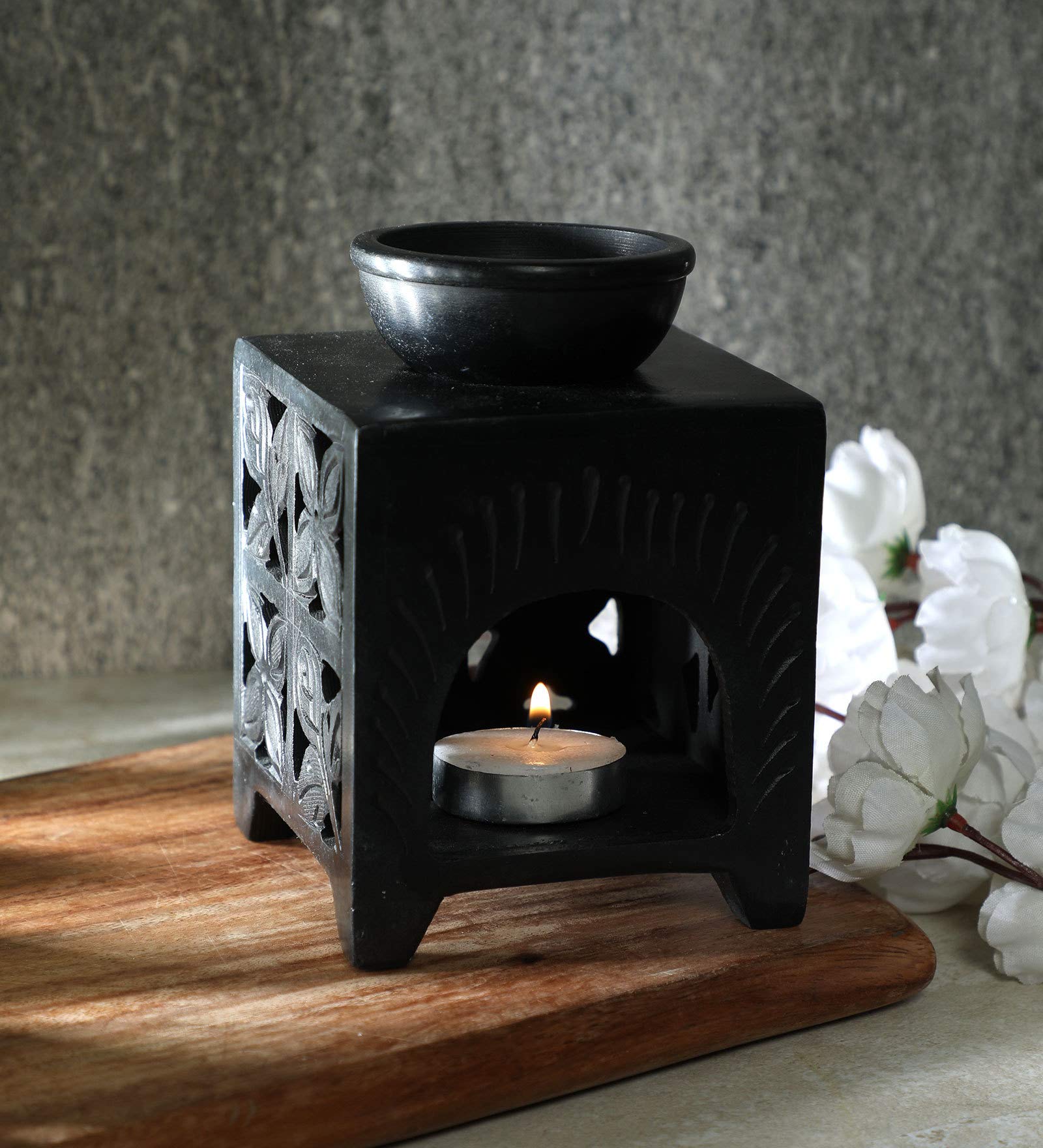 Itiha® Soapstone Black Tea Light Candle Diffuser Oil Burner for Return Gift, Housewarming, Diwali, Corporate and Wedding- 4 in L* 4 in B *5 in H