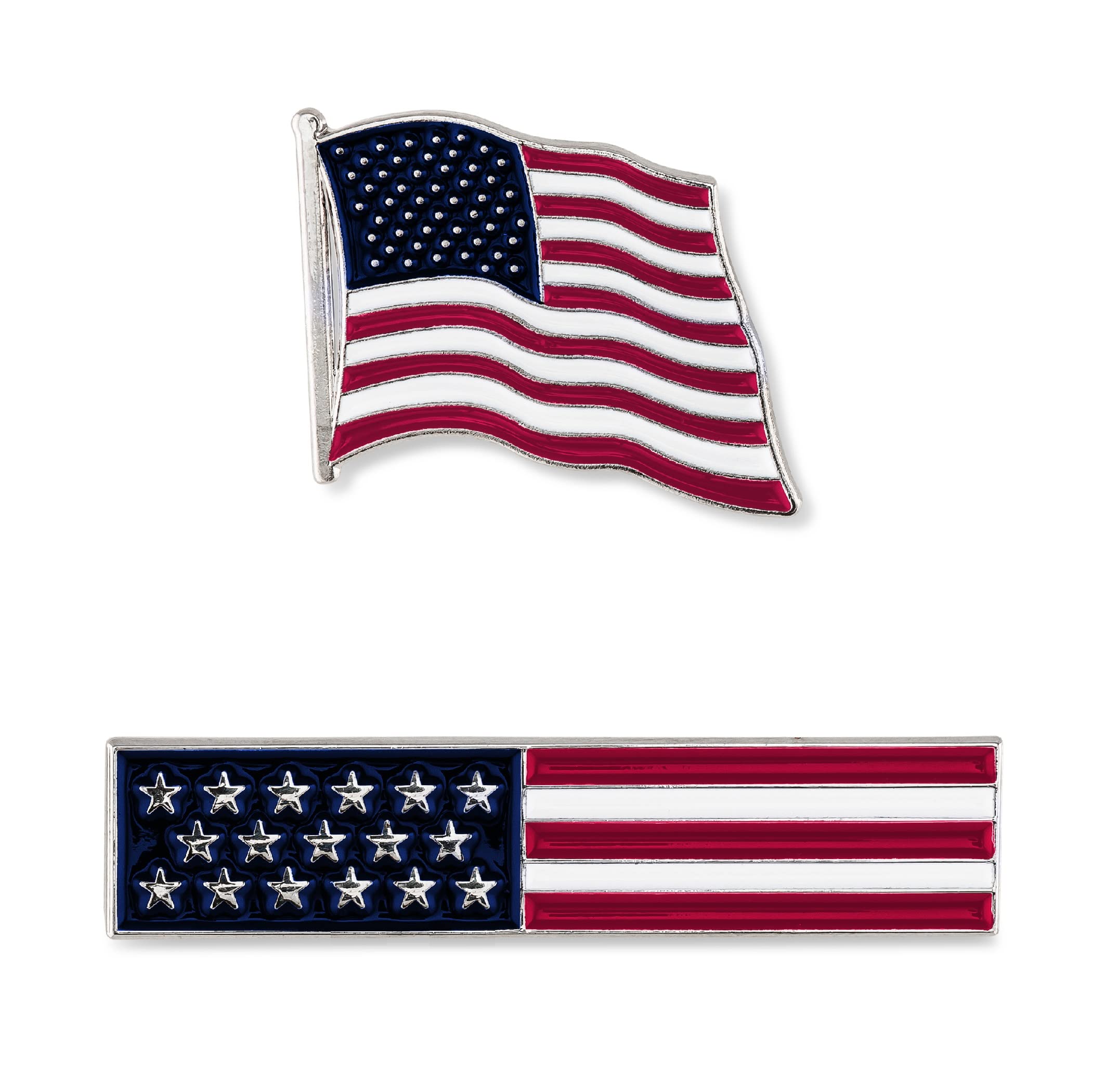 Great 1American Flag USA Lapel Pin Set - Waving Flag + Rectangle Bar - Silver Colored Metal Plated - Luxury Clothing Accessories, Metal, no gemstone