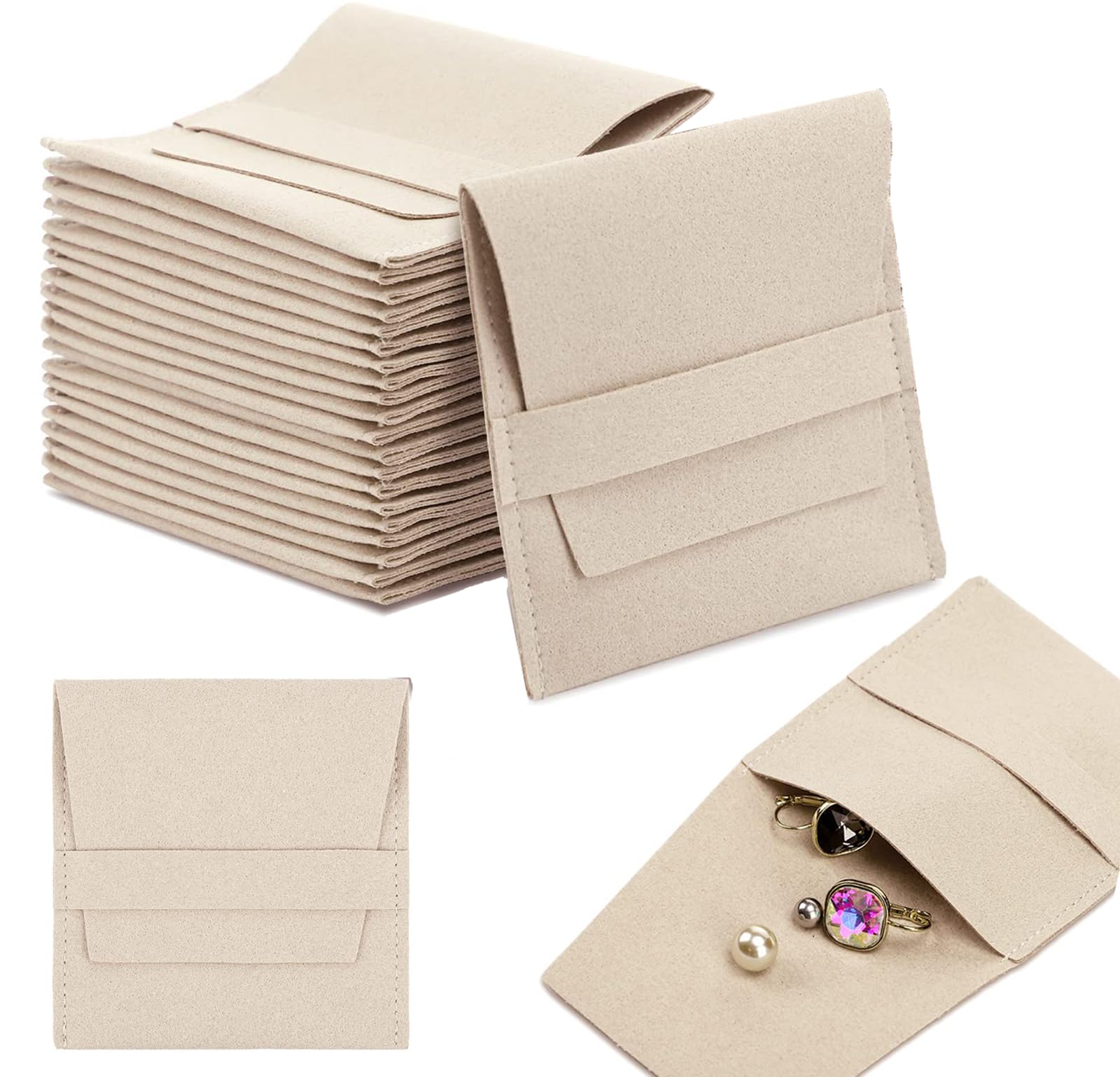 NALACAL Microfiber Jewelry Pouch, 20pcs 8x8cm Luxury Small Jewelry Gift Bag Necklace Earrings Rings Package with Band, Beige