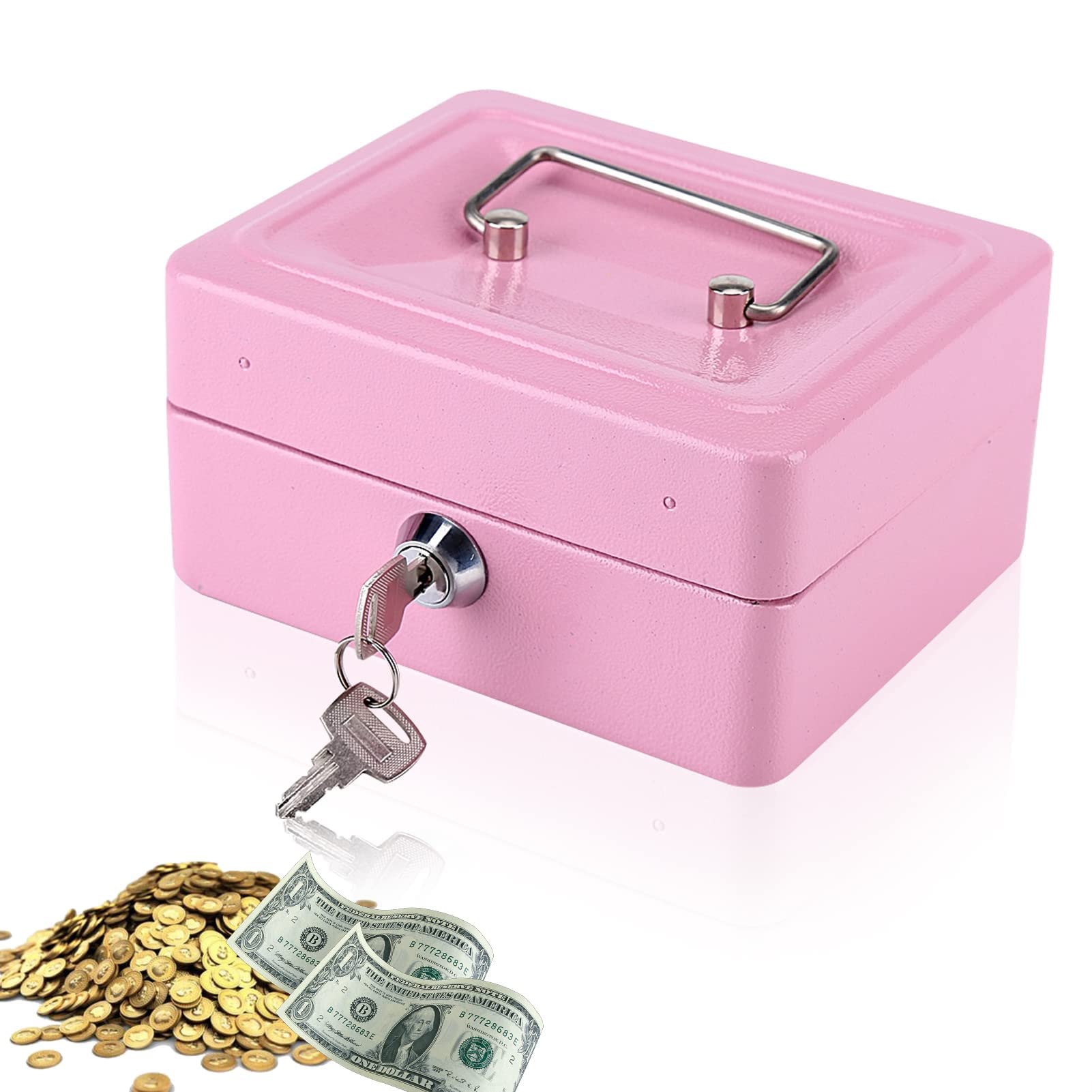 TERRIFI Mini Cash Box with Lock, Metal Security Box with 2 Key, Double Layer 5.9 x 4.72 x 2.95in, Pink