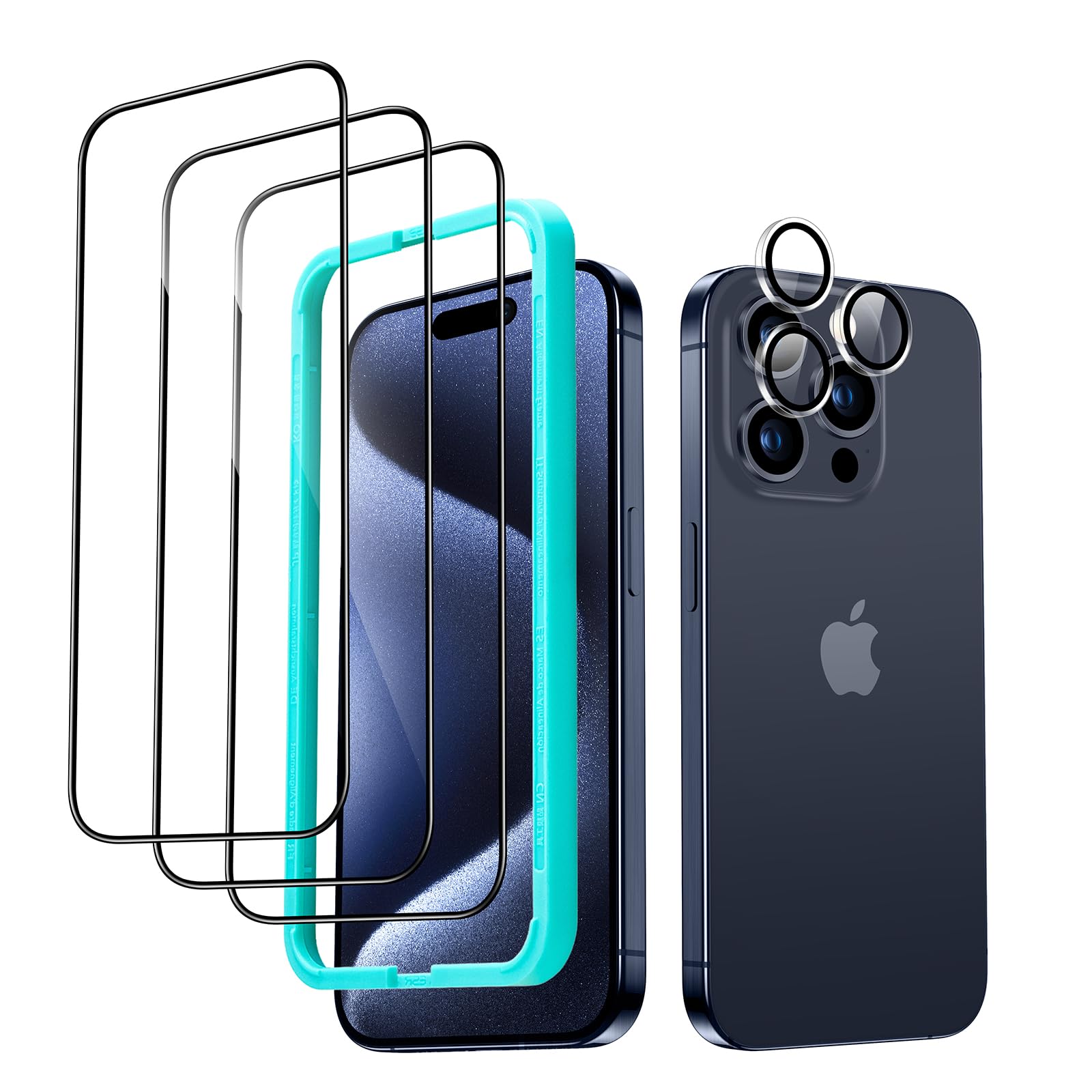 ESR for iPhone 15 Pro Screen Protector Set, 3 Tempered-Glass Screen Protectors and 1 Set Individual Lens Protectors, 2.5D Curved Edges, Full-Coverage Military-Grade Protection, Scratch Resistant