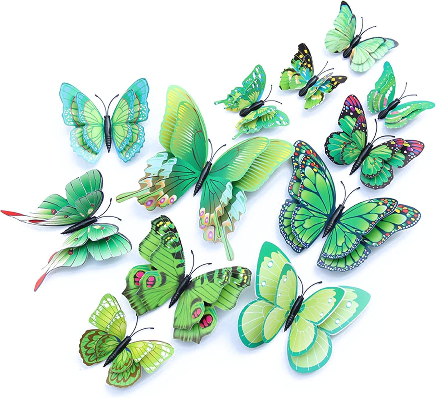 QUEENADA 12 Pack 3D Butterfly Wall Decor Set - 4 Sizes Removable Butterfly Wall Sticker Decorations for Cake Cupcake Toppers Birthday Girl Room Decals(green)