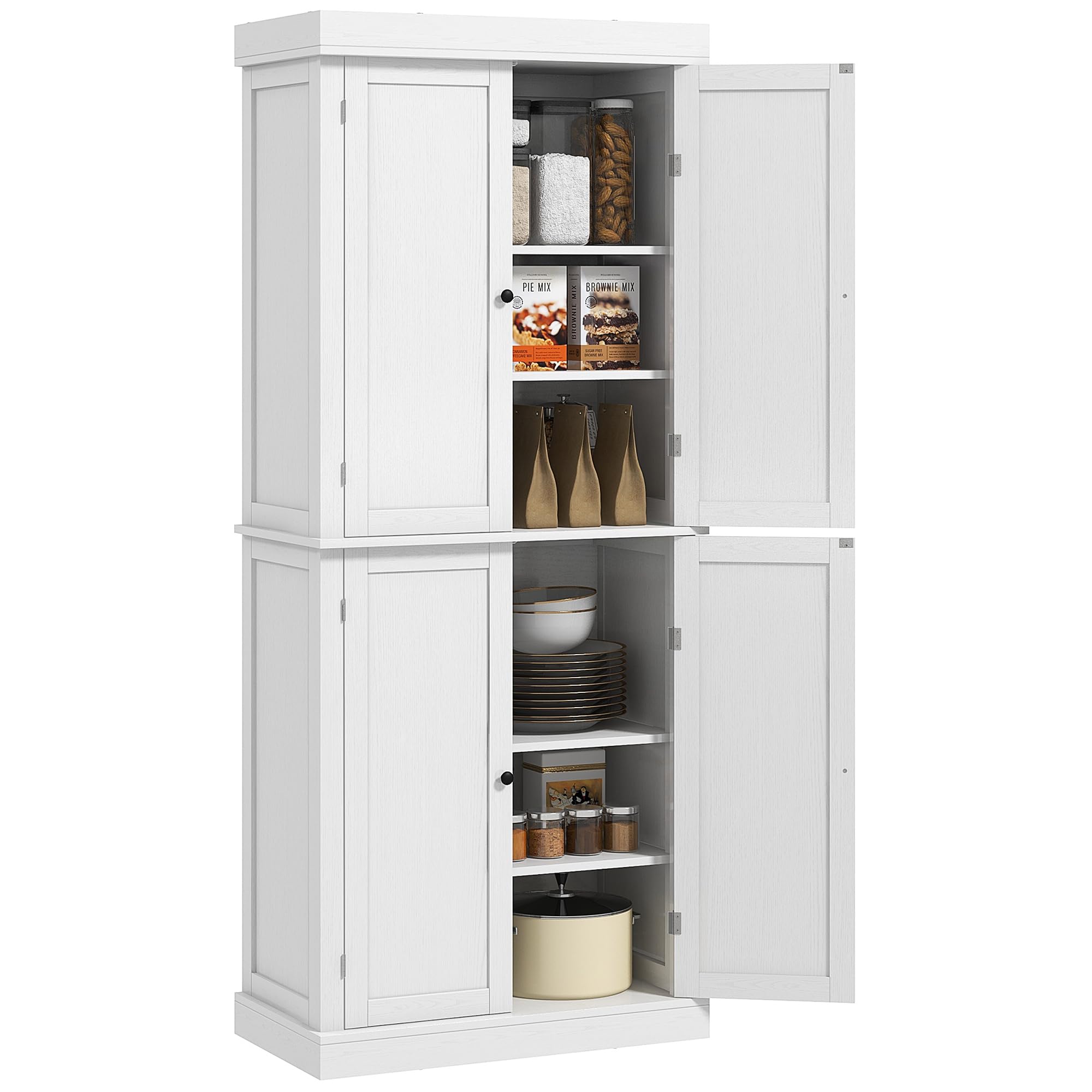 HOMCOM72.5" Kitchen Pantry Storage Cabinet, Freestanding Kitchen Cabinet with 4 Doors and Adjustable Shelves for Dining Room, White Wood Grain