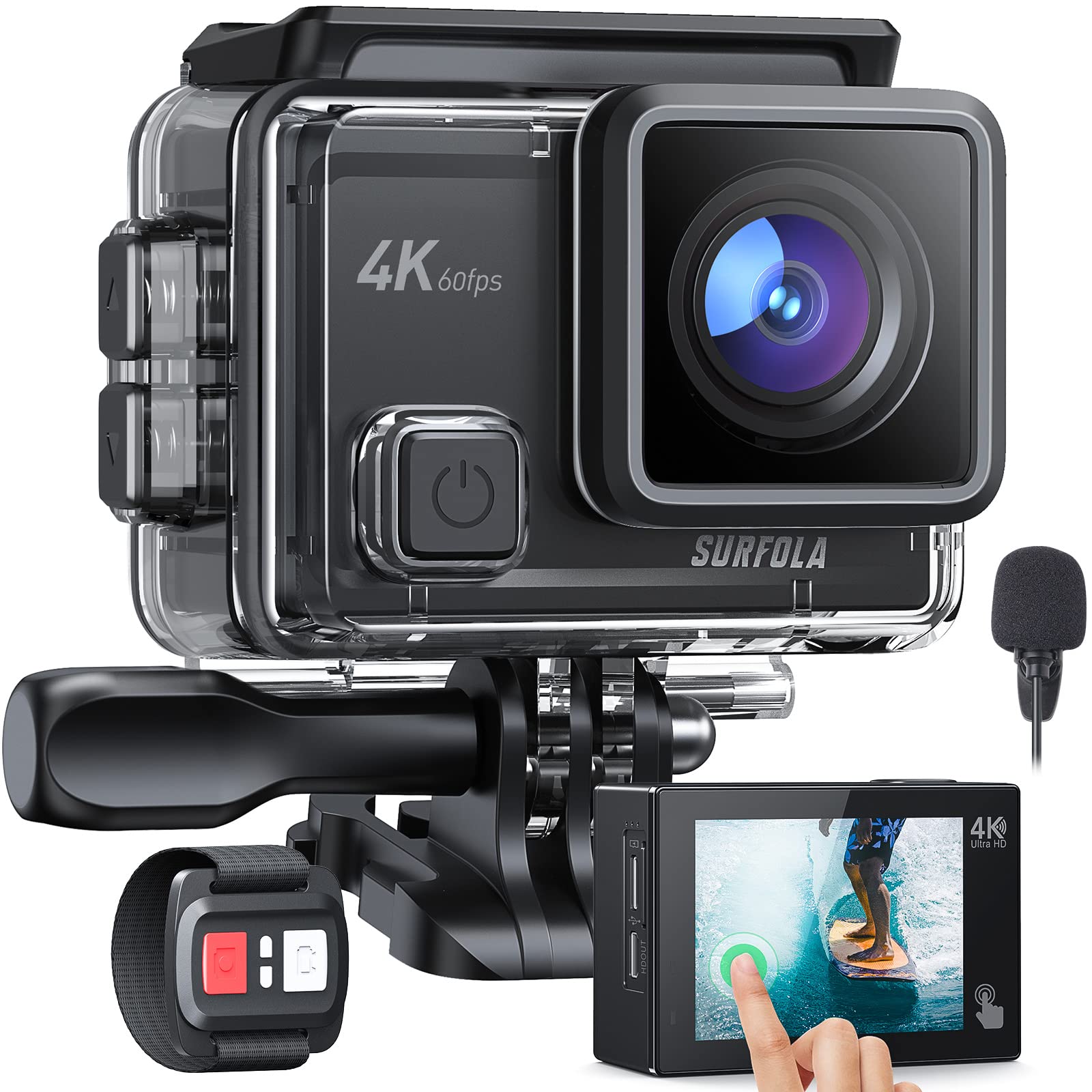 Action Camera 4K 60FPS - Touch Screen Underwater Camera for Snorkeling with EIS WiFi, Helmet Camera with External Mic, Remote Control, Two 1350mAh Rechargeable Batteries and Accessories Kit