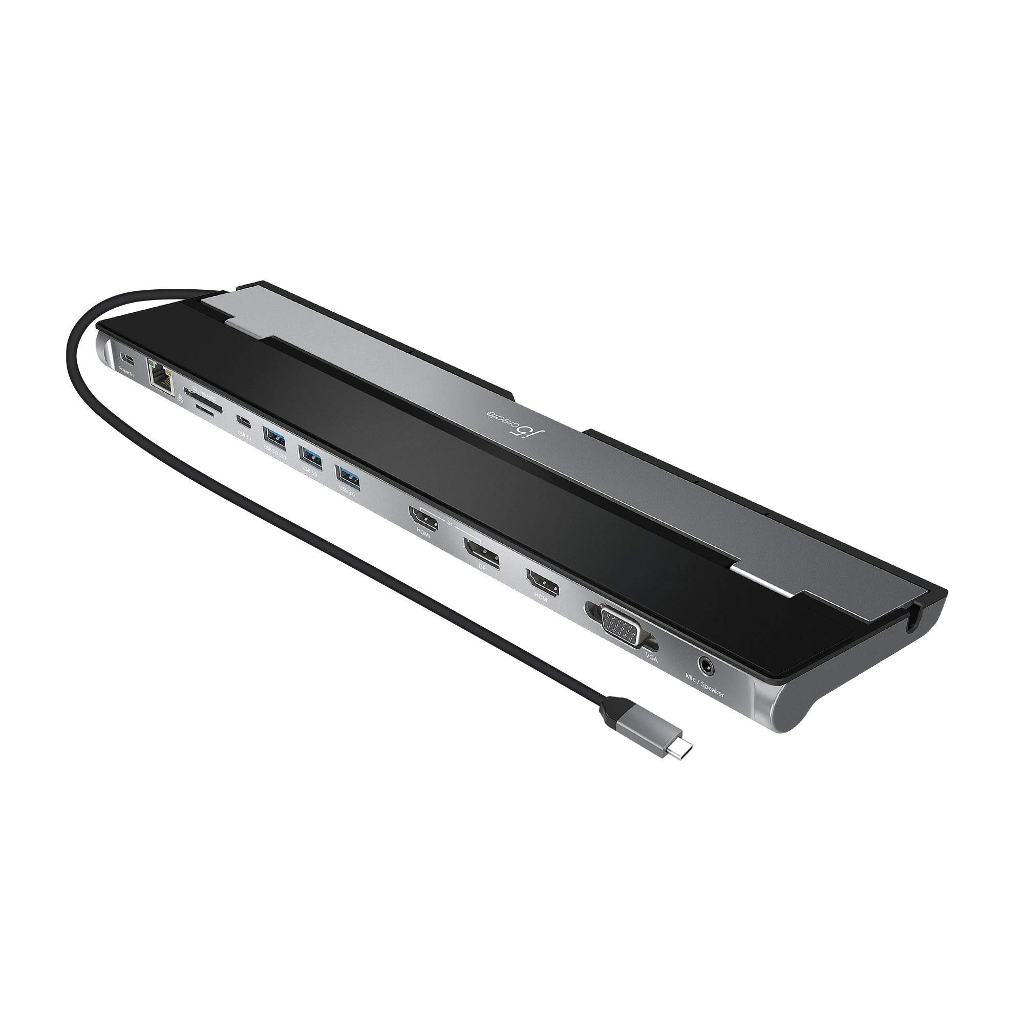 j5createUSB C Docking Station- Supports up to 3 Display Simultaneously | HDMI, DisplayPort, VGA, 100W PD Fast Charging, Gigabit Ethernet | Comes with Type C Cable Compartment (JCD543)