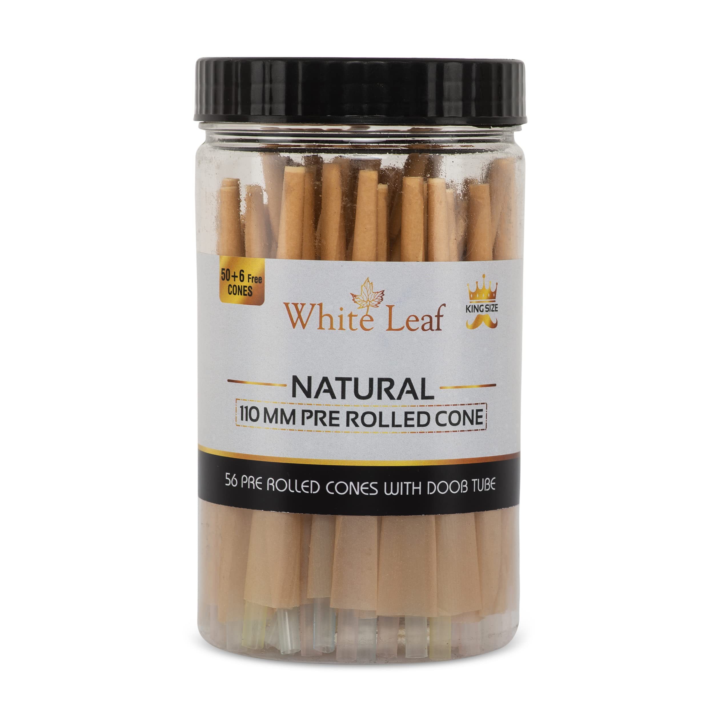 White Leaf Natural Paper Pre Rolled Rolling Paper Cones | 56 Pack King Size Rolled Cones | 1 Doob Tube Included