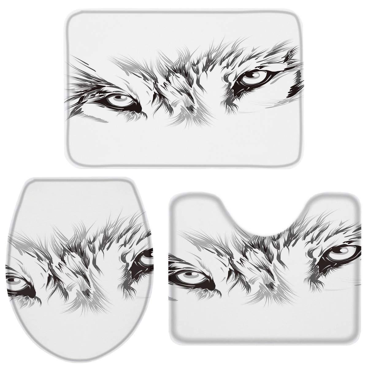 Heart Pain Bathroom Rug Set 3 Piece Wild Animal Wolf Face EyesWhite Non-Slip Backing Bathroom Mat Anti-Skid U-Shape Contoured Toilet Mat Absorbent Toilet Seat Cover