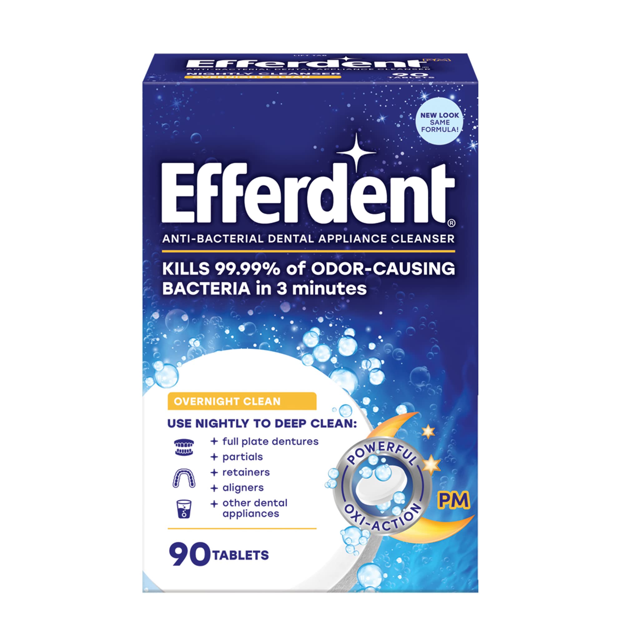 Efferdent PM Overnight Anti-Bacterial Denture Cleanser Tablets | 90 Count | Overnight Deep Cleans Dentures