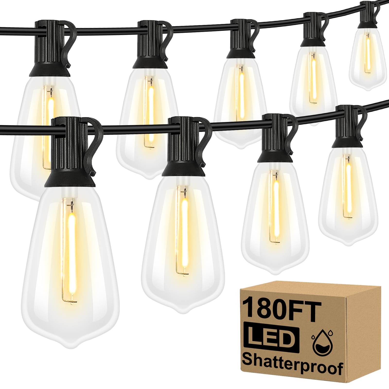 BrighteverOutdoor String Lights 180FT, Patio Lights with 90+4 Dimmable ST38 Shatterproof LED Bulbs, Vintage Edison String Lights for Outside, Waterproof Bistro Lights for Halloween Backyard 2700K