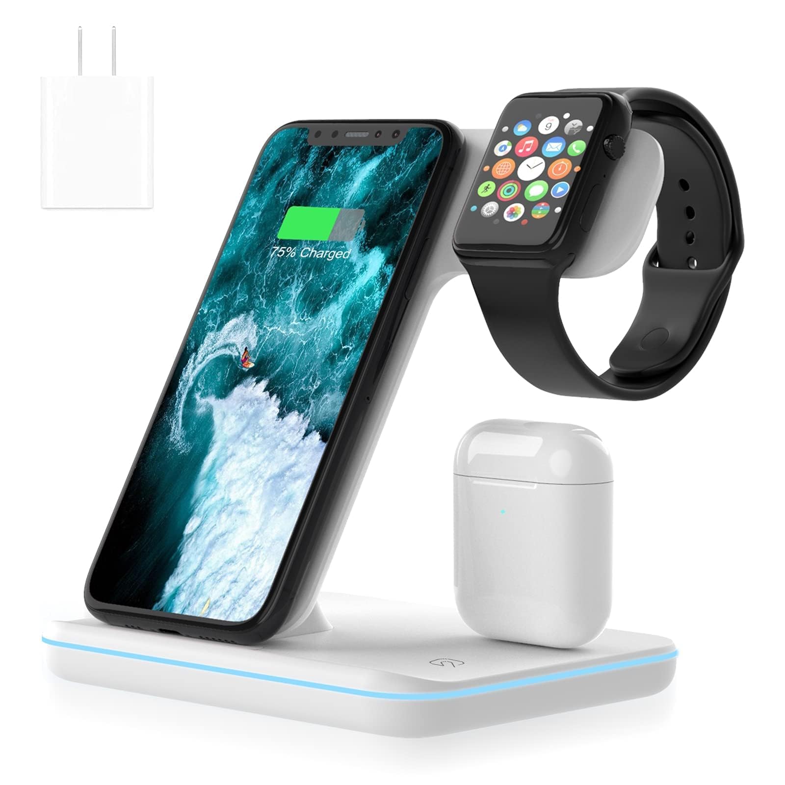 Wireless Charging Station,3 in 1 Fast Wireless Charger for Apple Watch Series SE/7/6/5/4/3/2,AirPods 2/pro 1,Compatible with iPhone 13/13 Pro Max/Series 12/11/X/8/8 Plus (White)