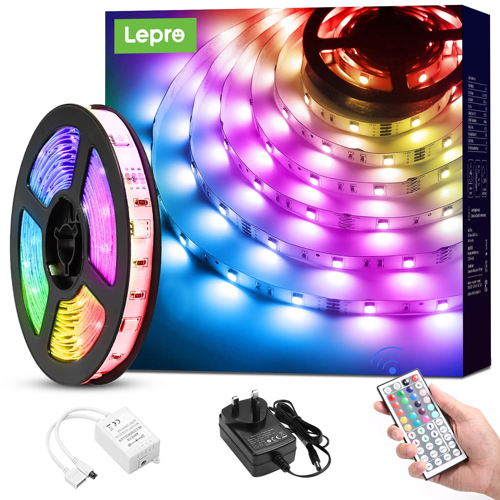 LeproLE 5M Strip Remote, Dimmable, RGB Colour Changing, Stick Lights for Bedroom, Kitchen, Room Decoration (Plug and Play, Bright 5050 LEDs), 24 W