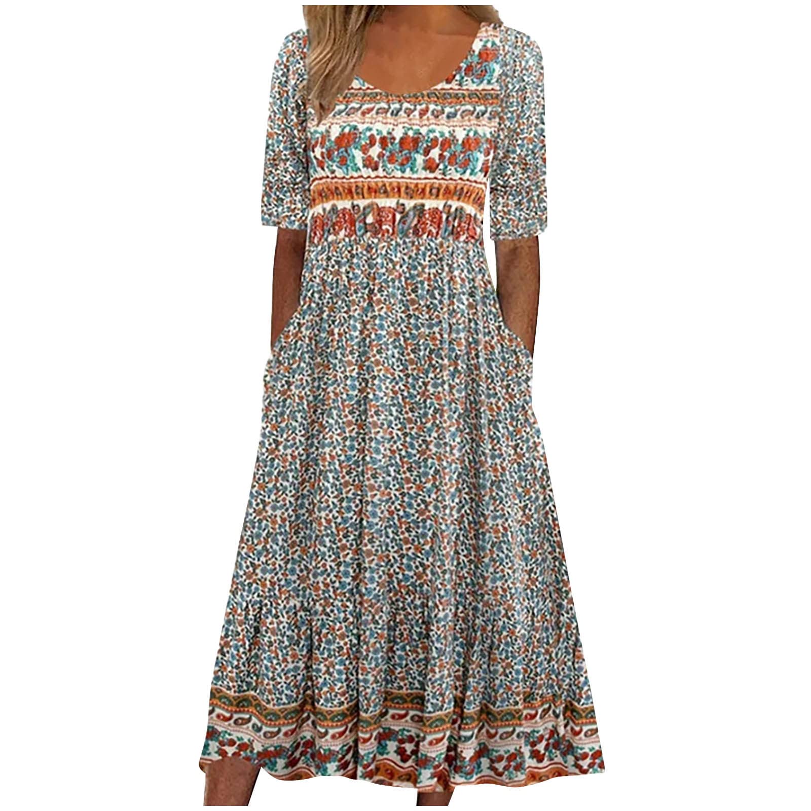 farteyTshirt Dress for Women 2023 Casual Plus Size Summer Midi Dress Boho Floral Print Loose Flowy Long Dresses with Pockets