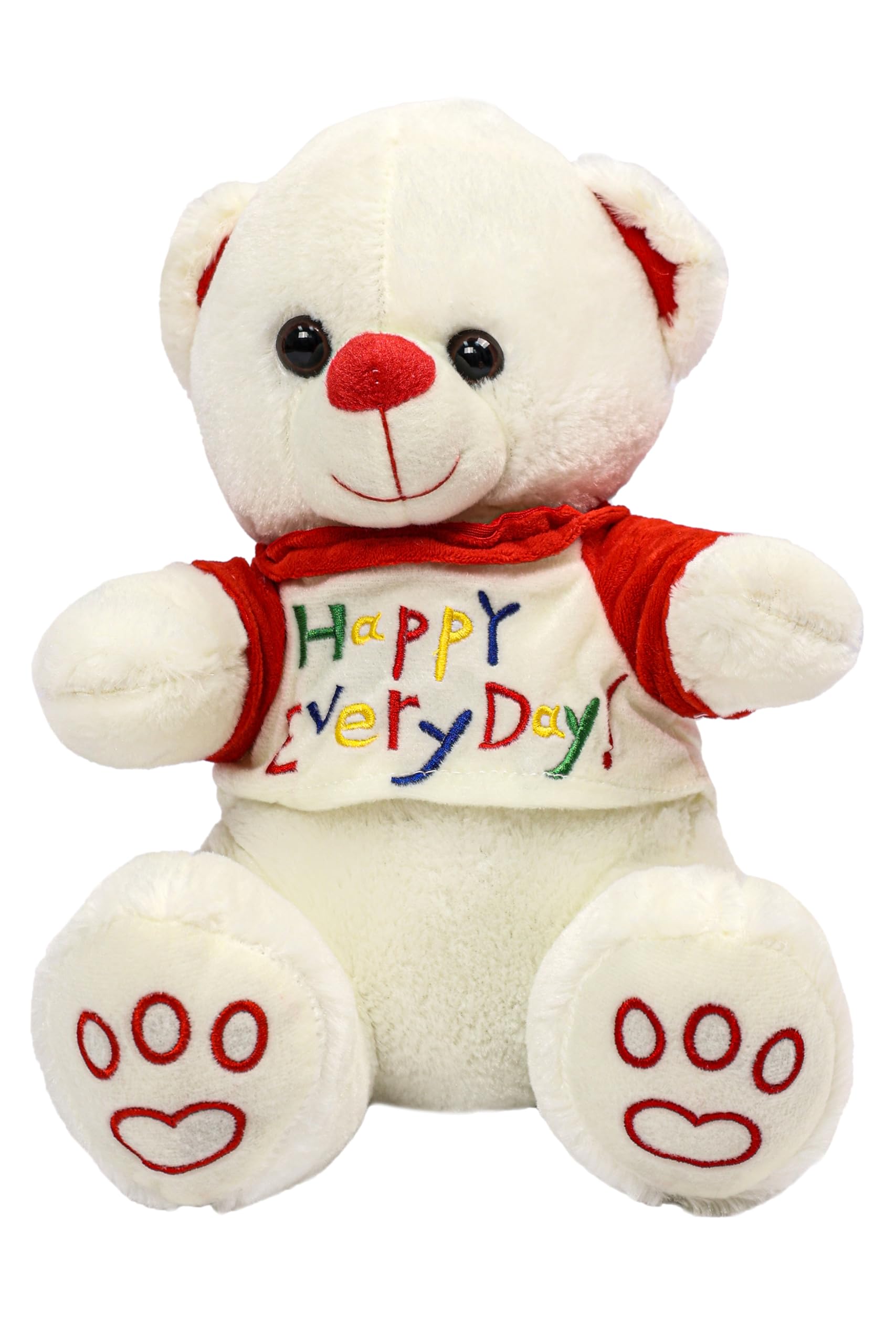 Teddy Bear Stuffed Animal 29 cm,"Happy Every Day" Embroidered Front Soft Plush Bear Stuffed Animal Throw Plushie White Teddy Bear, Soft Fluffy Friend Hugging Cushion Present for Every Age and Occasion