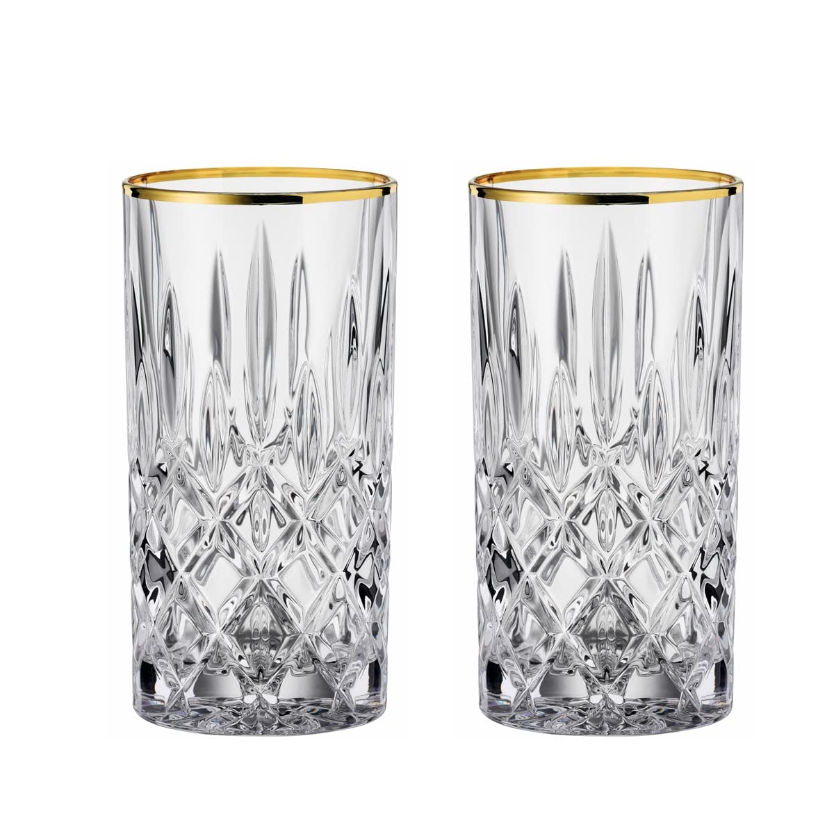 Nachtmann Noblesse Gold Collection Crystal Long Drink Glasses, Set of 4, Gold Rimmed, Crystal Cut Design Glass, for Cocktails or Any Beverages, 6 Inch,12.7 Ounces