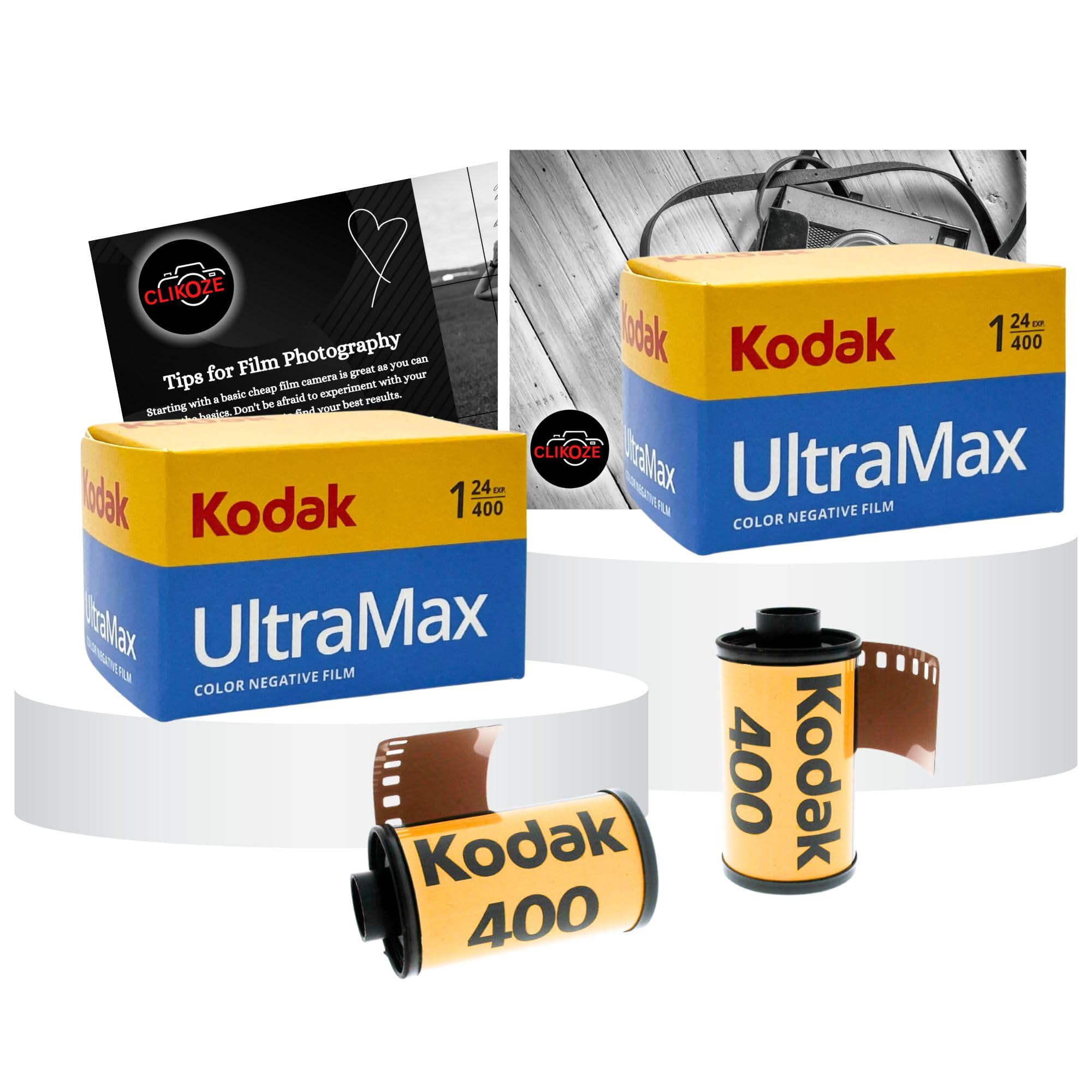 35mm Film Bundle with Kodak Ultramax 400 35mm 24 EXP Camera Film x2 and Clikoze Camera Film Photography Tips Card