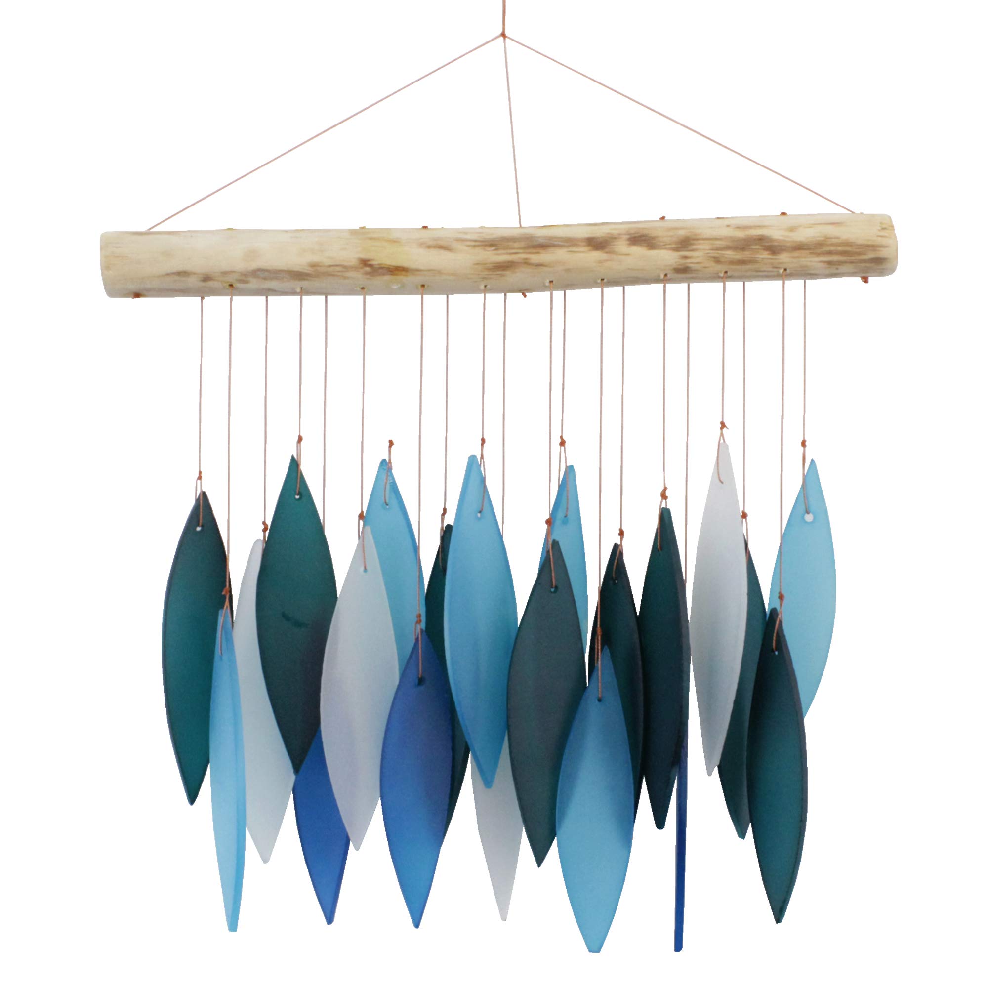 Glass Wind Chime - Leaf Design - Blues, White & Green - Recycled Glass and Driftwood - Cohasset Gifts Tumbled Glass Chimes - Sun Catcher, Garden Mobile, Window/Wall Art