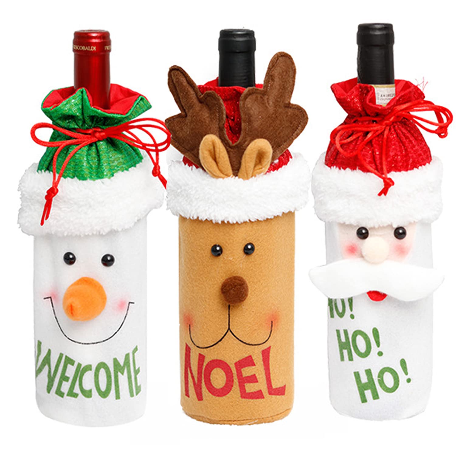 3 Pcs Christmas Wine Bottle Bags with Drawstring Reusable Christmas Wine Bottle Gift Covers Xmas Santa Reindeer Snowman Wine Bottle Covers Gift Bags for Christmas Party Dining Table Decorations