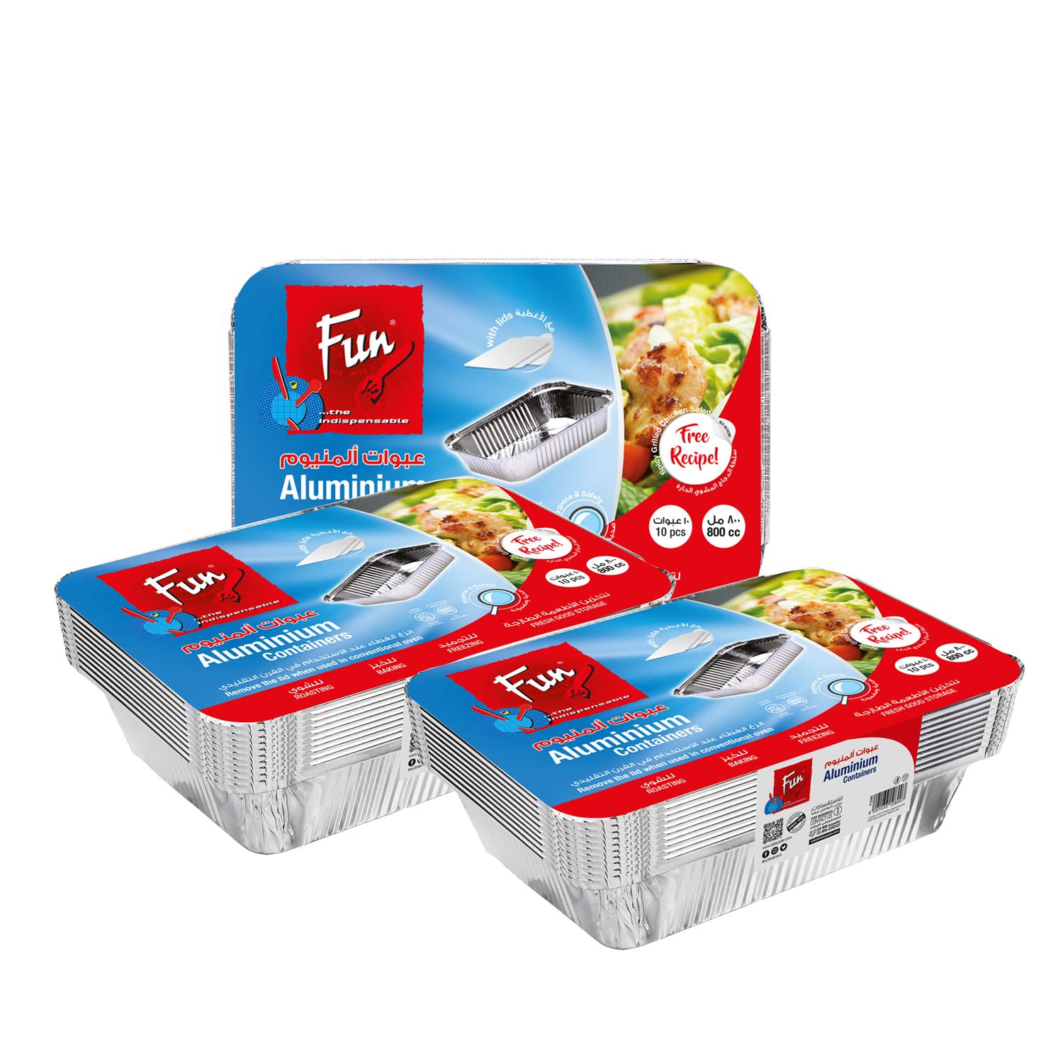 FUN BY AL BAYADER فن Promopack Aluminium Containers with Lids 800Cc/ml-Take away Aluminium Rectangle Food Container Lunch Box with Lids,Silver - Pack of 10X3