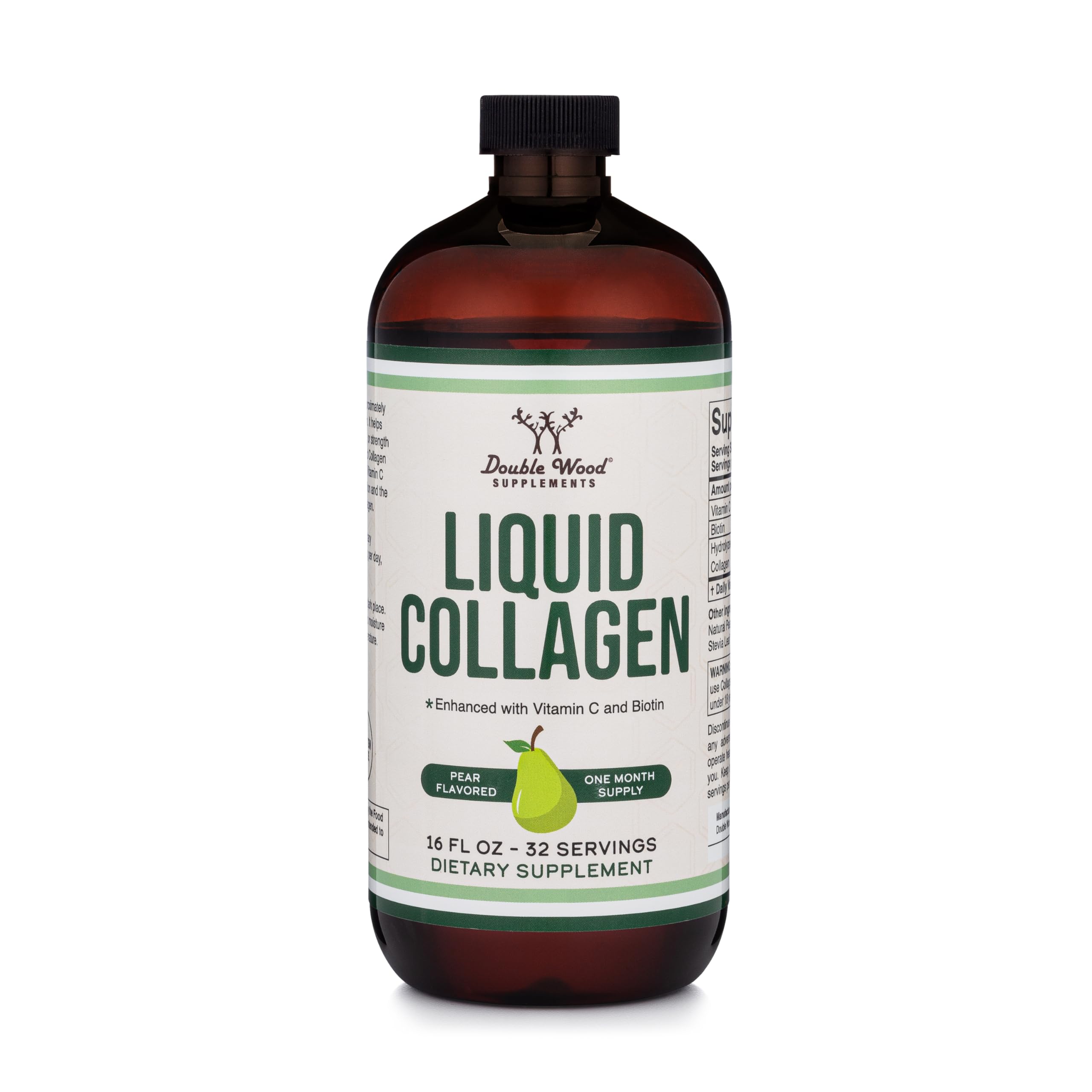 Double Wood SupplementsLiquid Collagen - 2500mg of Hydrolyzed Bovine Collagen - 32 Servings of Liquid Collagen for Women and Men - 30 mcg of Biotin - Sugar Free Pear Flavor