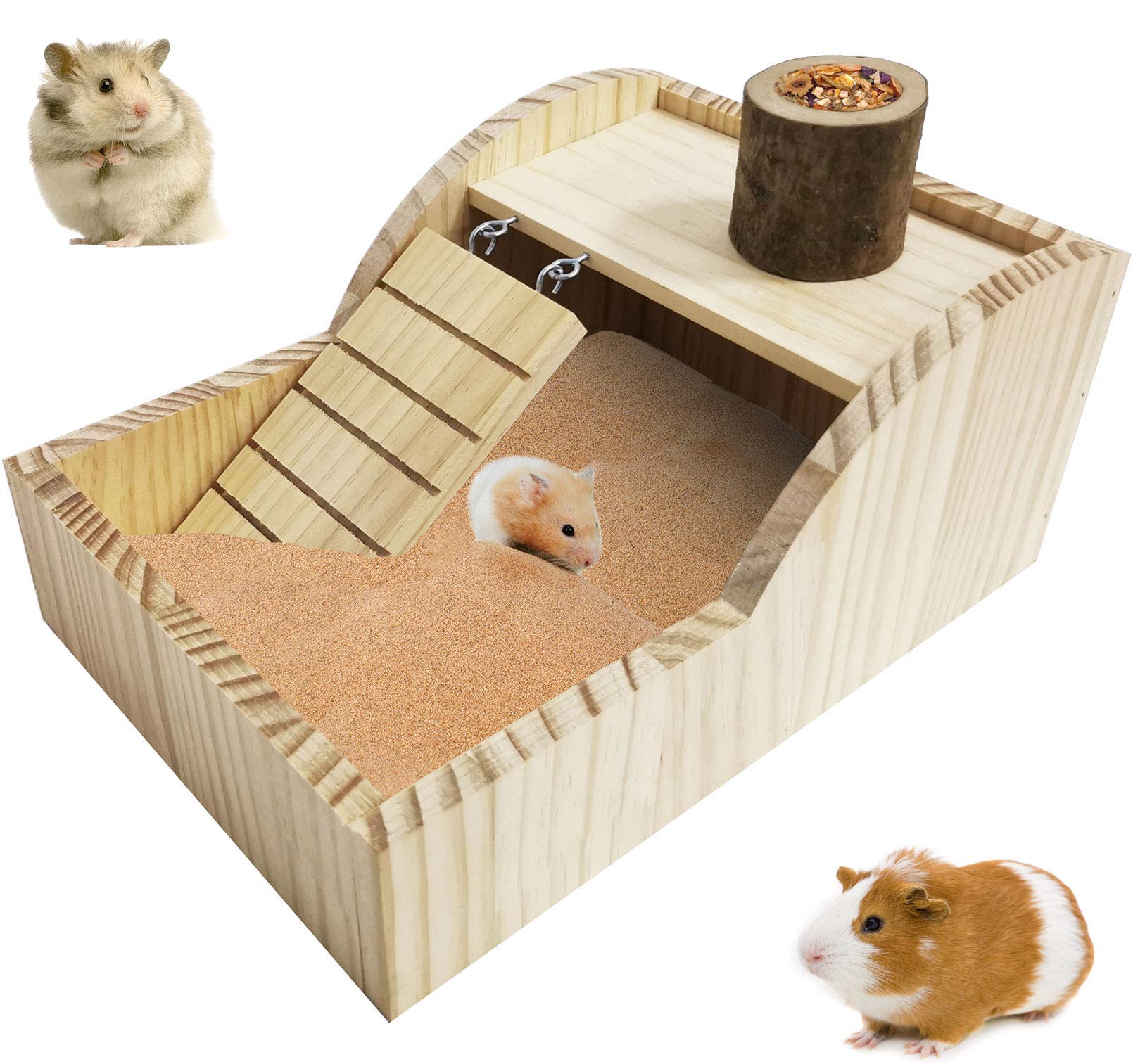 PINVNBY Hamster Sand Bath Box Wooden Shower House Chinchilla Digging Sand Bathtub with Climbing Ladder Bowl for Dwarf Syrian Mice Mouse Gerbils and Other Small Animals