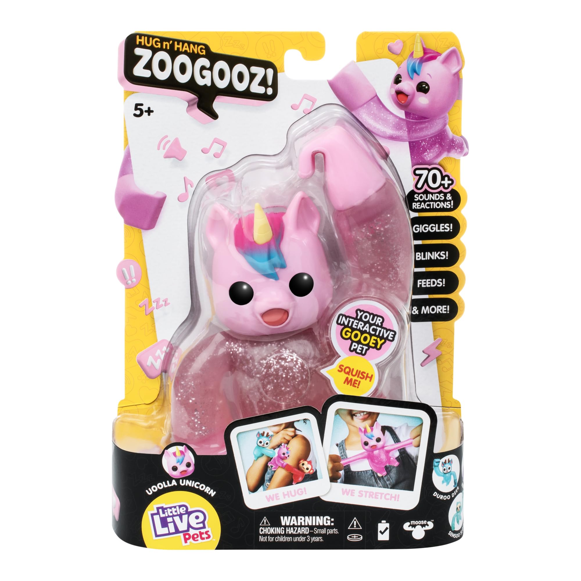 Little Live Pets Hug n' Hang Zoogooz - Uoolla Unicorn. Interactive Electronic Squishy Stretchy Toy Pet with 70+ Sounds & Reactions. Stretch, Squish & Link Their Hands. Display Them & Hang Them Around