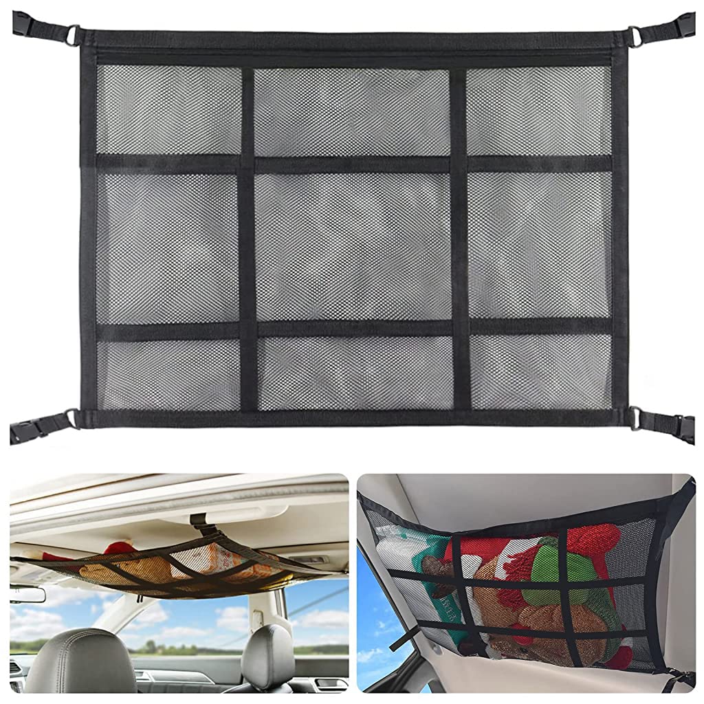 STHIRA® Car Ceiling Storage Mesh Net Pocket, 31.5''x21.3'' Strengthen Load-Bearing Double-Layer Mesh Car Roof Car Mesh Organizer, Adjustable Camping SUV Storage Bag for Tent Putting Sundries Quilt Toy