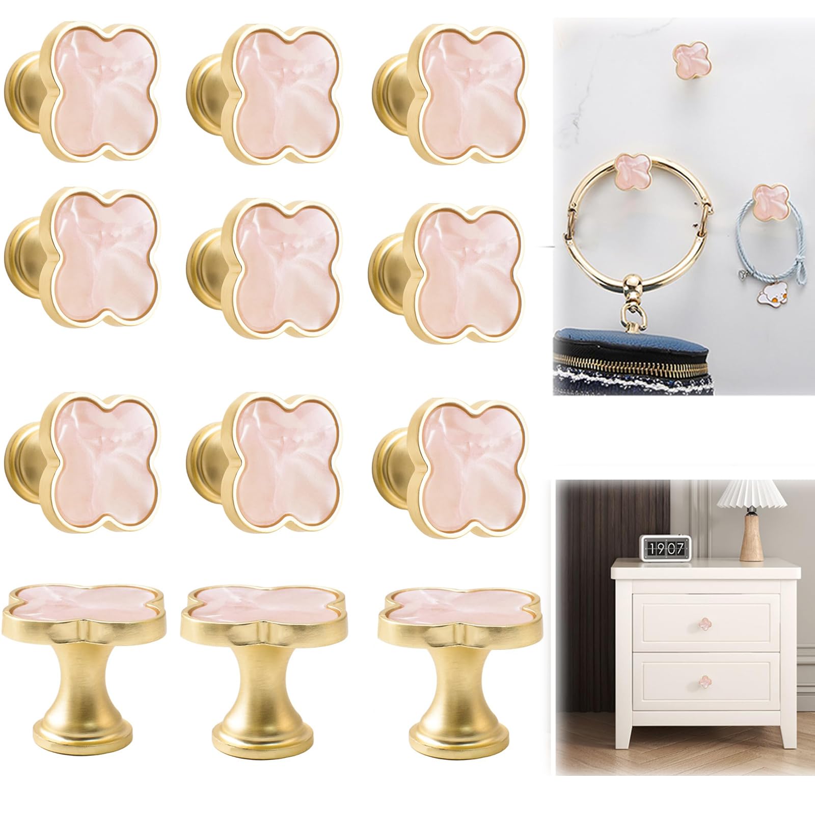 QUEENADA 12 Pcs Clover Knobs Four-Leaf Handle - Creative Cabinet Drawer Pulls Gold for Dresser Wardrobe,Zinc Alloy Single Hole Door Handle(Pink)